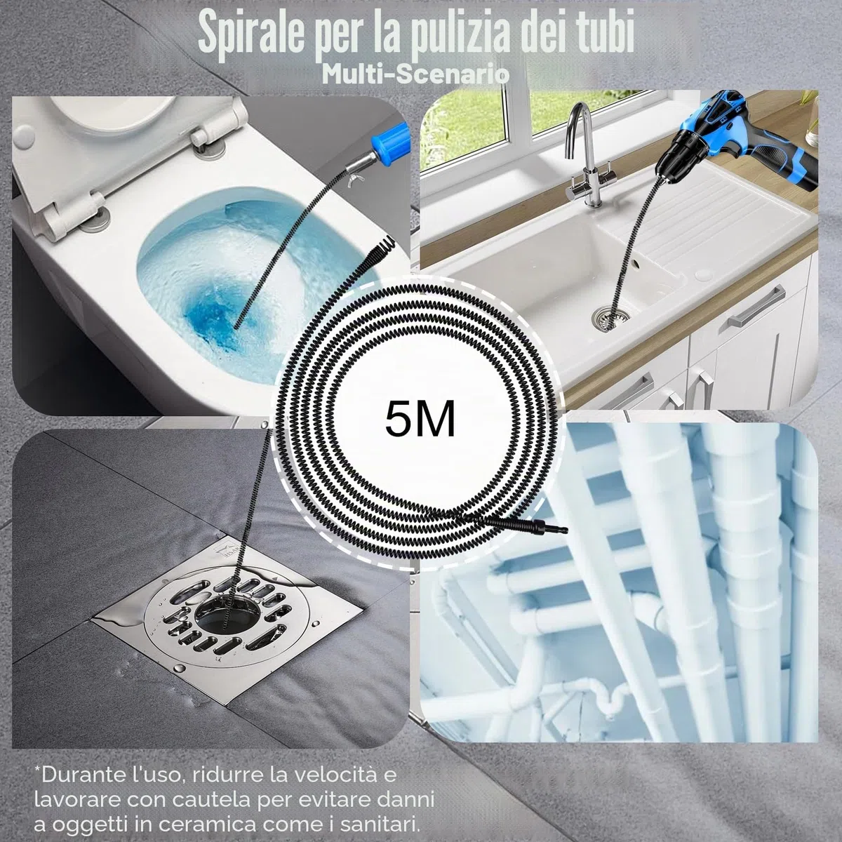 Spirale per la pulizia dei tubi, Ø 8 mm, in acciaio a molla, per tubi di scarico a spirale, per blocchi ostinati, processo di elettroforesi (8mm, 5m)