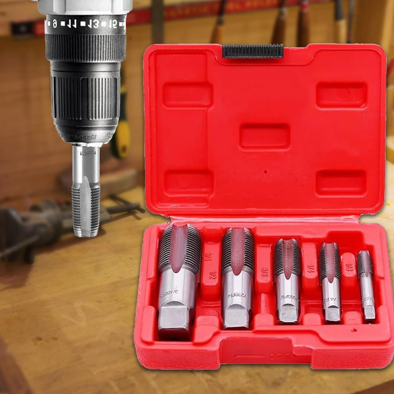 Set di 5 maschi NPT per filettatura NPT da 1/8", 1/4", 3/8", 1/2", 3/4", 3/4", 3/4", 3/4", in acciaio al carbonio, per tubi in PVC, filettatura precisa