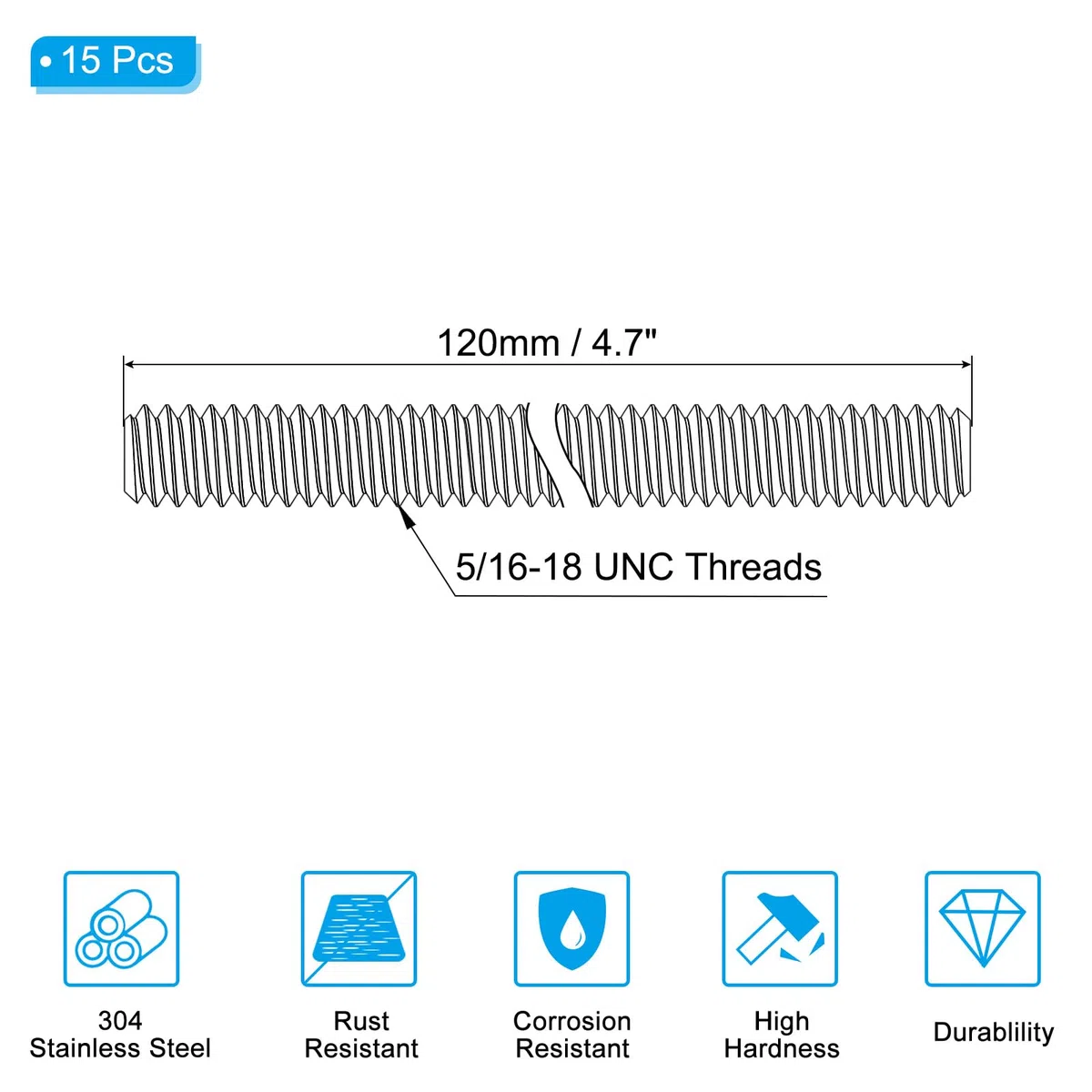 PATIKIL 5/16"-18 UNC Asta Completamente Filettata Acciaio Inossidabile 304, 15pz Lungo 4,7" Vite Filettata Lunga Filettatura Destra per Bulloni Ancoraggio Morsetti Ganci Bulloni U
