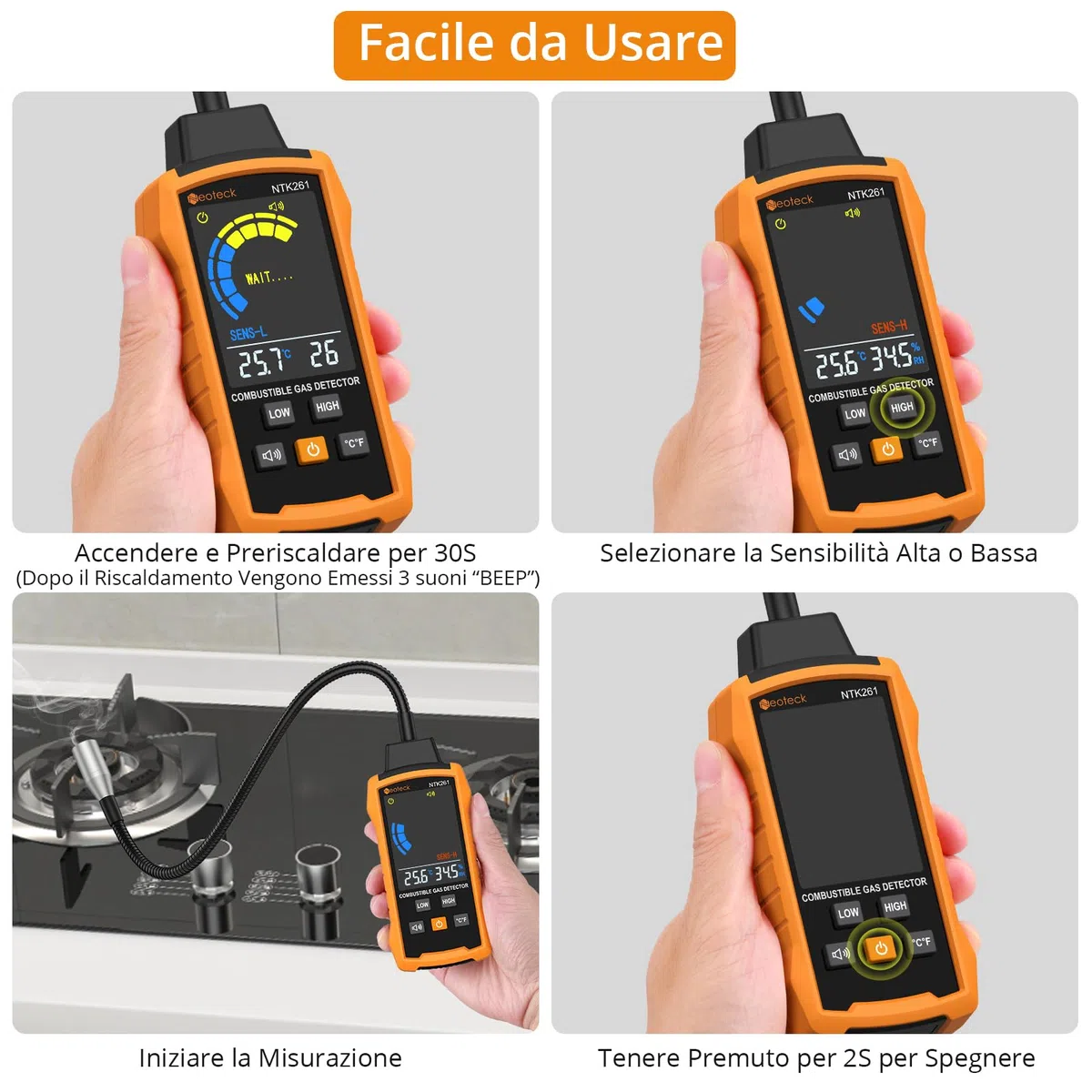 Neoteck Rivelatore di Gas Naturale con Collo d'oca da 12” Rivelatore di Gas Combustibile con Allarme Acustico e Visivo Test Metano Propano Benzina CO Gas Naturale per Gasdotto Stufa a Gas e RV