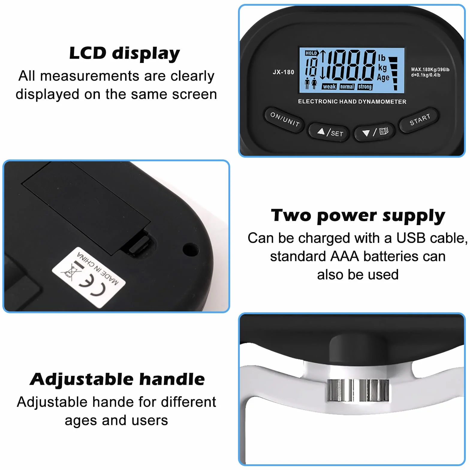 Vegena Misuratore di forza manuale digitale, manometro da 198 libbre/90 kg, dinamometro automatico manuale, display a LED e cavo di ricarica USB, design ergonomico (nero)