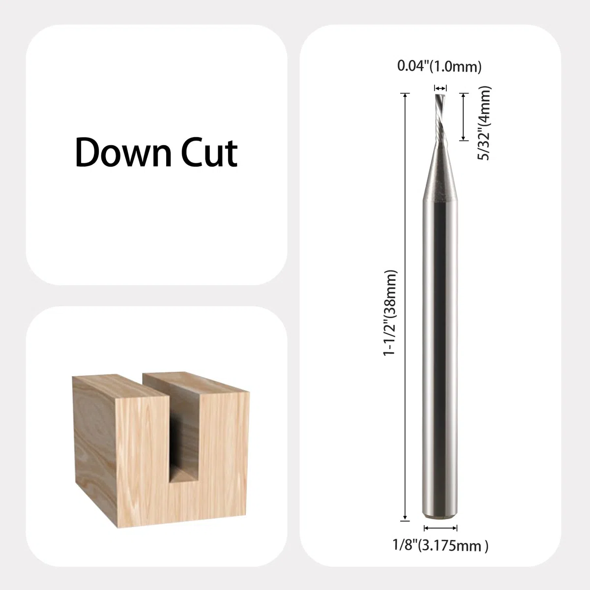 Fresa per Legno Gambo 3.175 mm Elicoidale DownCut - Lunghezza di Taglio 4 mm, Spirale in Metallo Duro Integrale CNC per Canali e Scanalatura