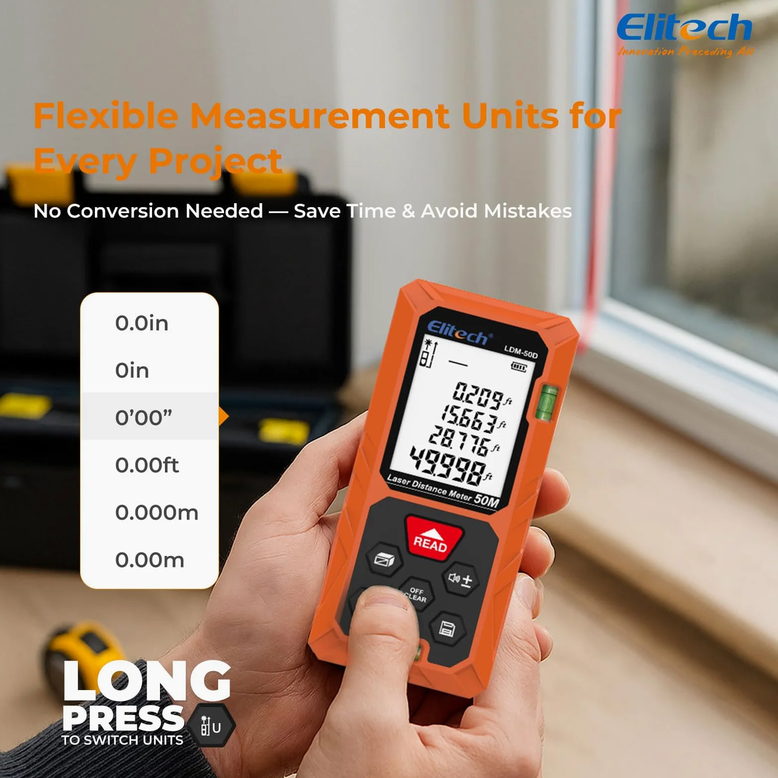 Elitech Distanziometro Laser 50m Precisione ±2mm Metro Laser Professionale con Modalità Area/Volume/Pitagora, LCD Retroilluminato, 99 Registrazioni, Unità Ft/In/M