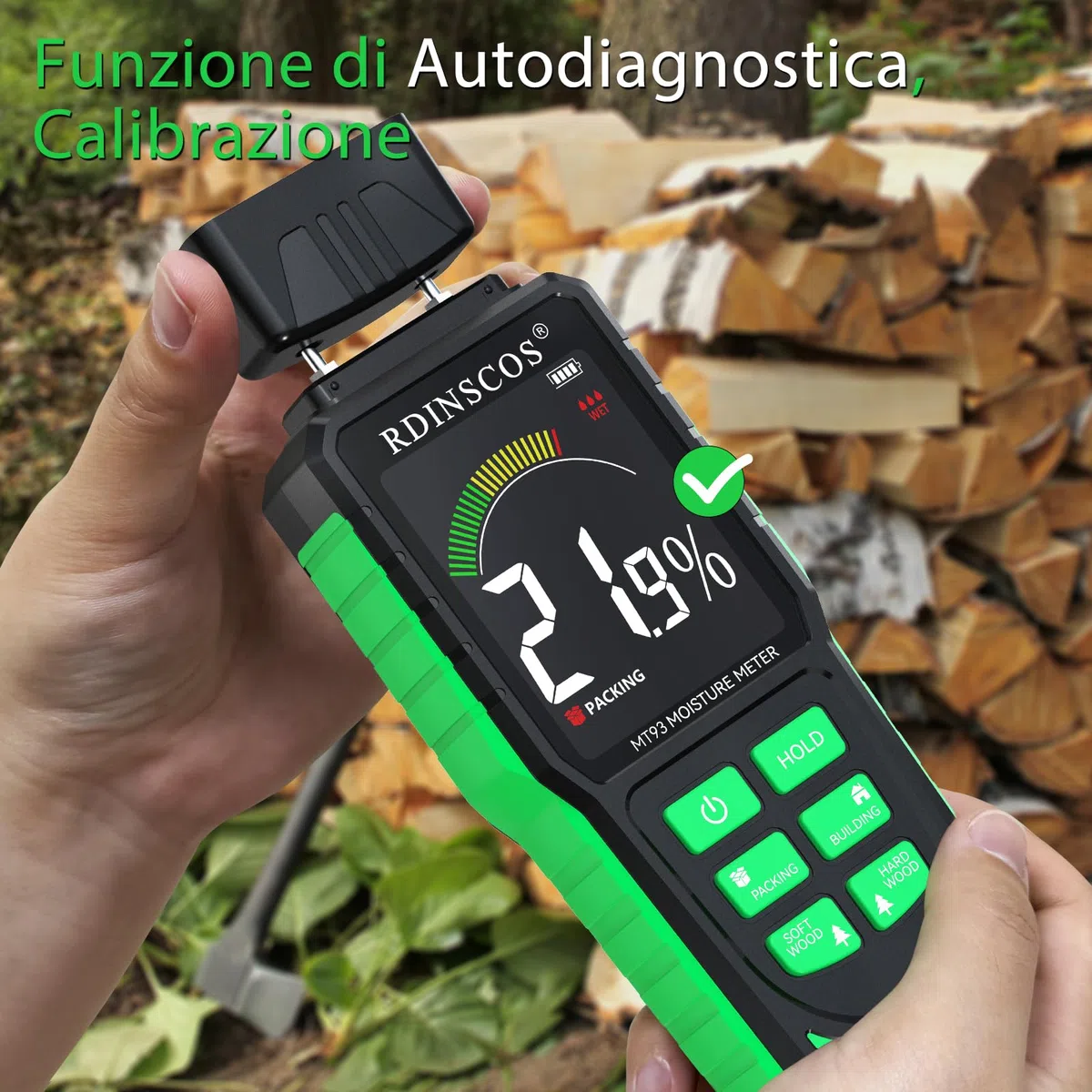Misuratore di Umidità per Legno,RDINSCOS Rilevatori di Umidità con LCD a Colori e Allarme Acustico Igrometro Professionale Tester di Umidità per Legno,Legna da Ardere