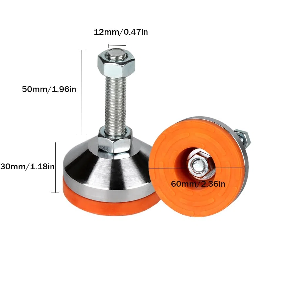 Piedini Livellatori Resistenti, Filettatura M12 Regolabile, Base da 2,36", Capacità 1300 lb, per Banco da Lavoro, Macchina, Mobile (Arancione, D60xM12x50)