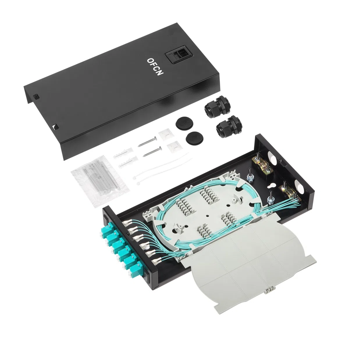 Terminazione in fibra ottica LC Duplex Box Cables 6 Port Wall Mount Fiber Enclosure with Spool (Includes a 1Meter 12 Strand LC Pigtail and 6 Port Panel (LC OM3)