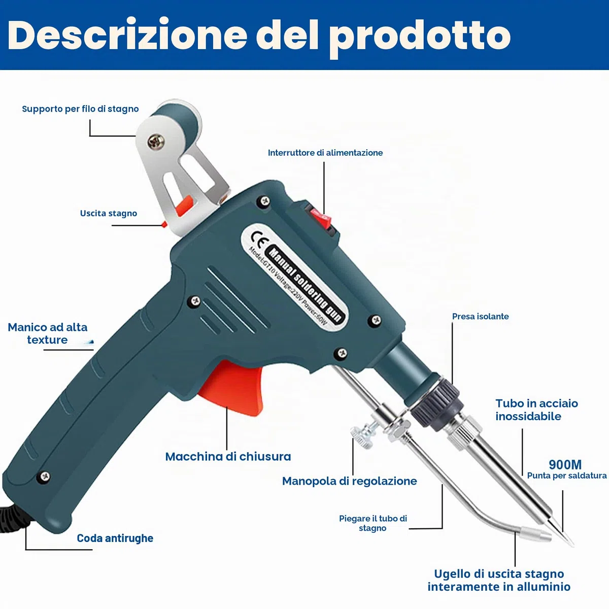 Kit pistola per saldatura elettronica da 60 W con 5 punte per saldatura, pompa dissaldante, pinzette, fili di saldatura, supporto e cacciavite Phillips per elettronica, riparazione, fai da te (Verde)