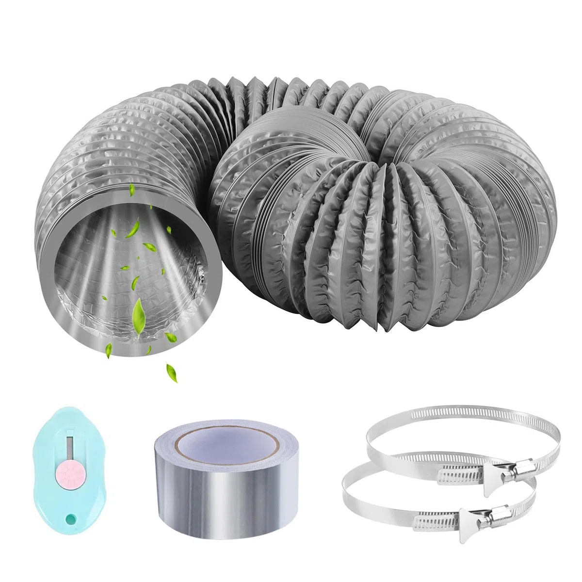 100mm Grigio Tubo di Scarico 3 m Condotti Tubo di Ventilazione Flessibile in Alluminio PVC con 2 Fascette Stringitubo in Acciaio per Aria Condizionata, Asciugatrice, Cappa Aspirante