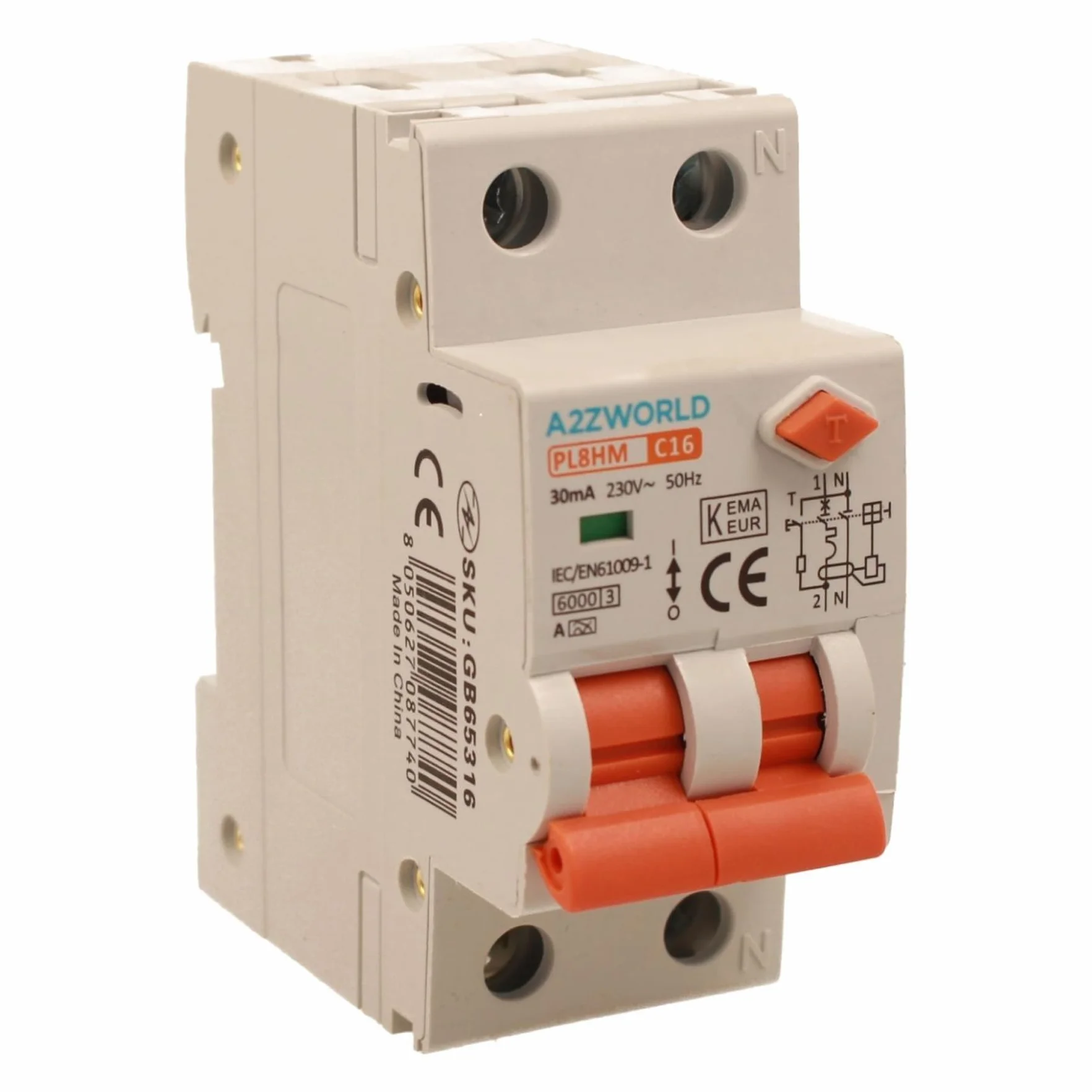 Interruttore Differenziale Magnetotermico Tipo A 16A C16, RCBO 1P+N 6kA 30mA Curva C, Doppio Leva con Diagnostica Visiva, 2 Moduli DIN, Serie PL8HM Elettromagnetica