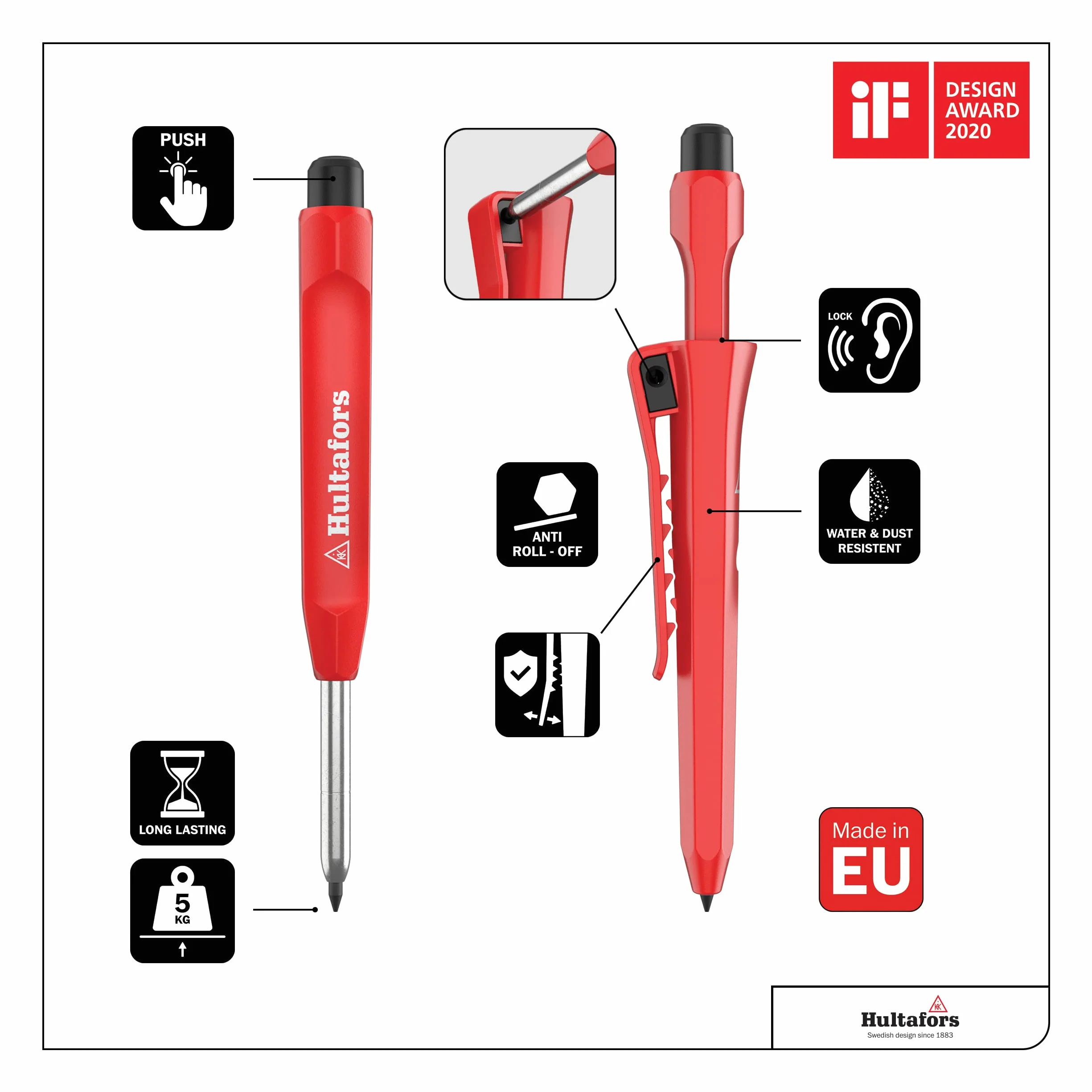 Hultafors Set marcatore di profondità professionale incl. 10 mine di ricambio (rosso, giallo e grafite) e temperino Matita marcatore con fermaglio antiscivolo I Per molti superfici I 650230