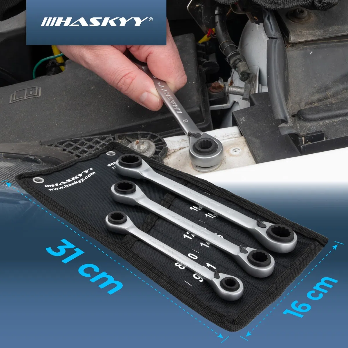 HASKYY - Set di chiavi a cricchetto a doppio anello, 3 pezzi, SW 8-19 mm in sacchetto di sistema I 8-10x9-11 I 12-13x14-15 I 16-17x18-19