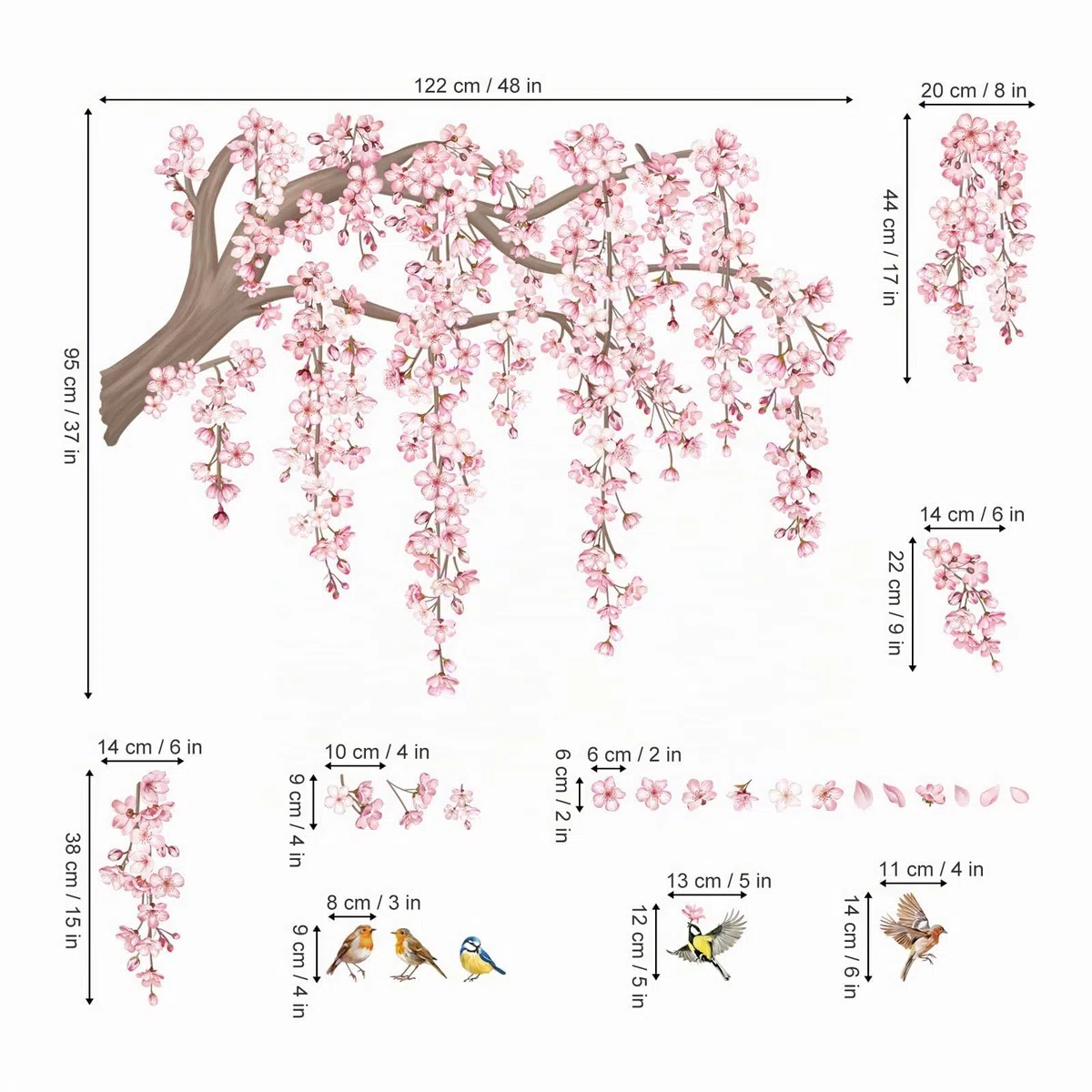 decalmile Adesivi Murali Fiori Rami Albero Rosa Grande Adesivi da Parete Fiori di Ciliegio Rosa Uccelli Decorazione Murale Camera da Letto Soggiorno TV Sfondo