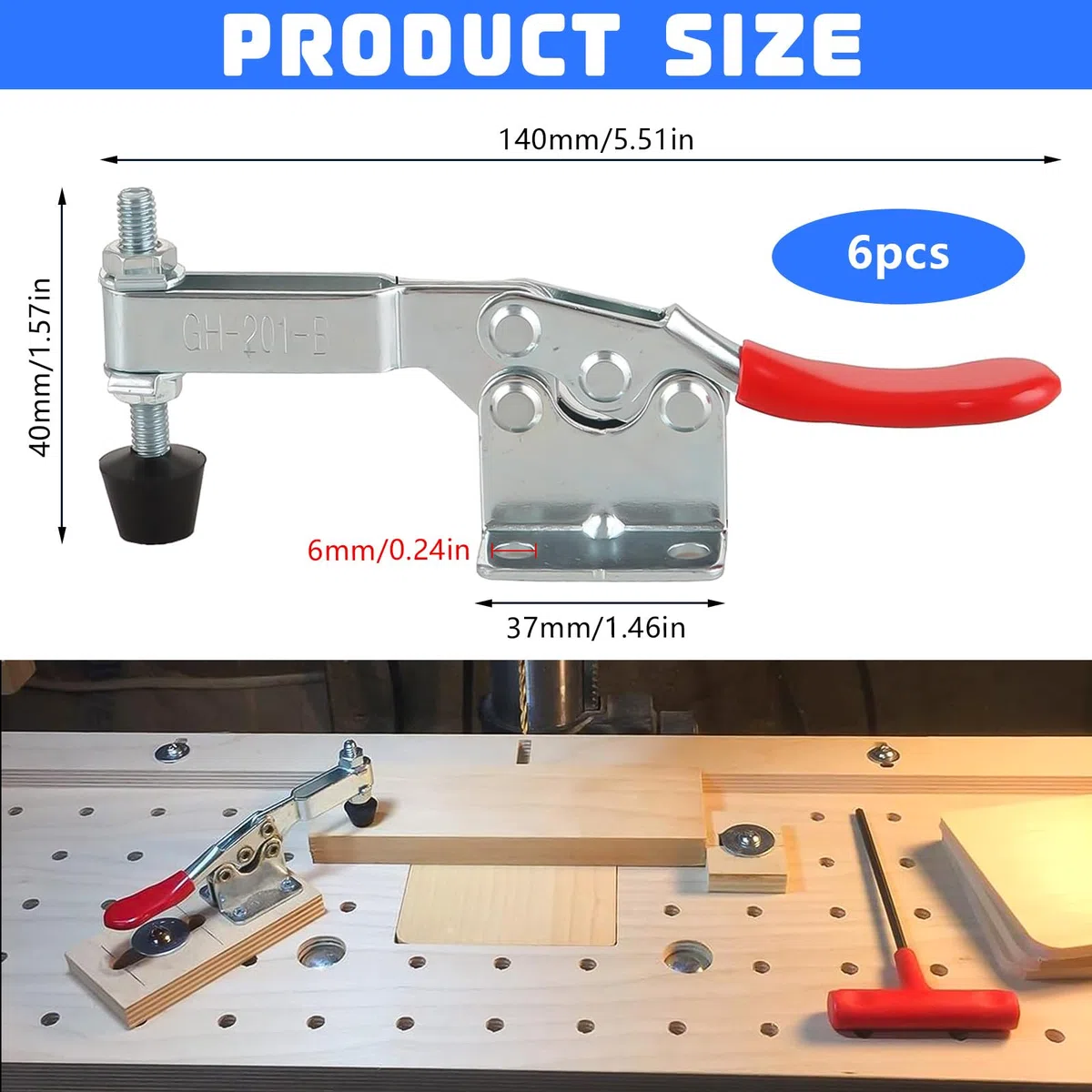 6 Pezzi Toggle Morsetto, GH-201-B Morsetto a Levetta, Morsetti a Ginocchiera 90Kg per Macchinari Lavorazione del Legno Saldatura