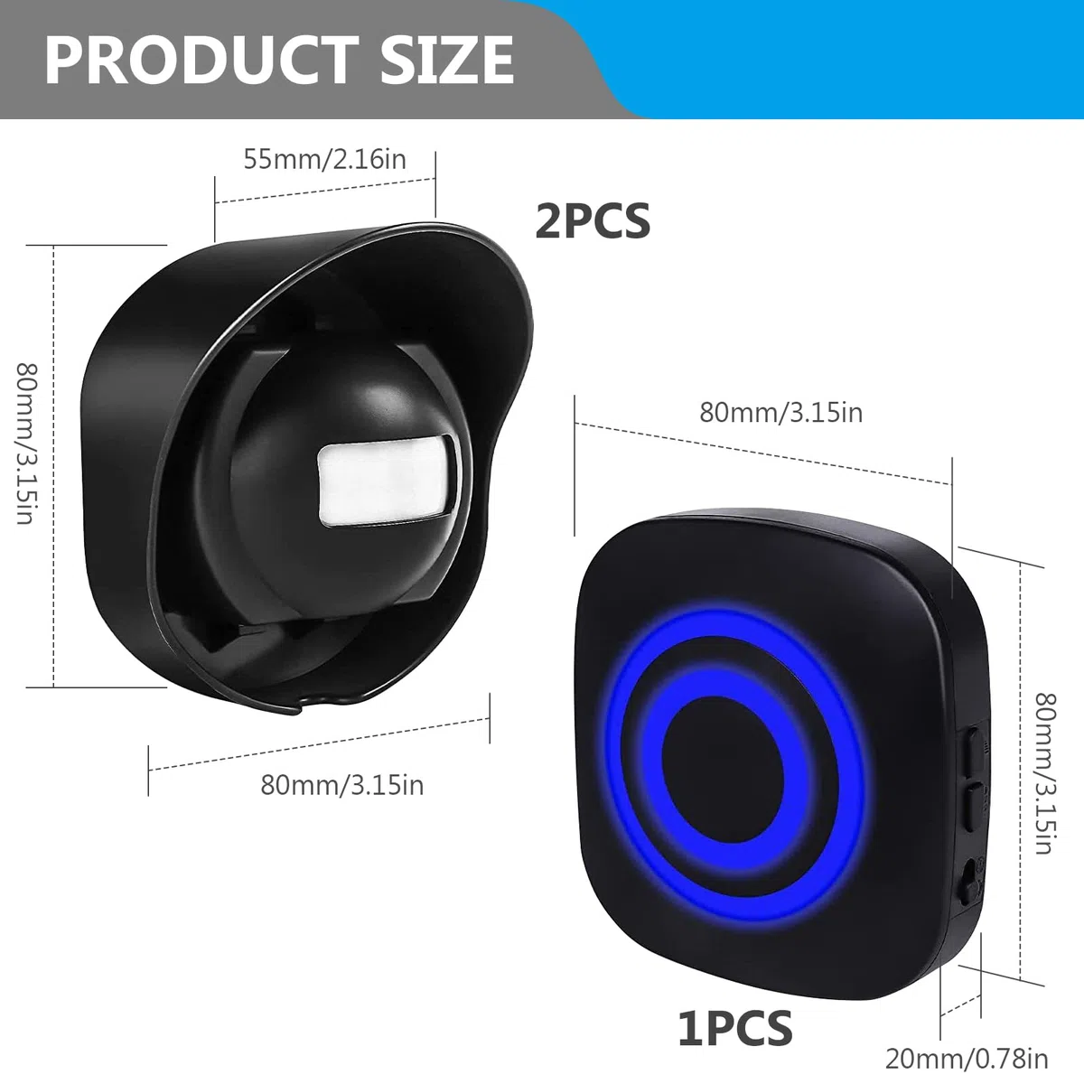 Vegena Allarme vialetto, campanello senza fili, campanello di movimento, rilevatore di passaggio, 38 suonerie, display a LED blu (1 ricevitore, 2 trasmettitori)