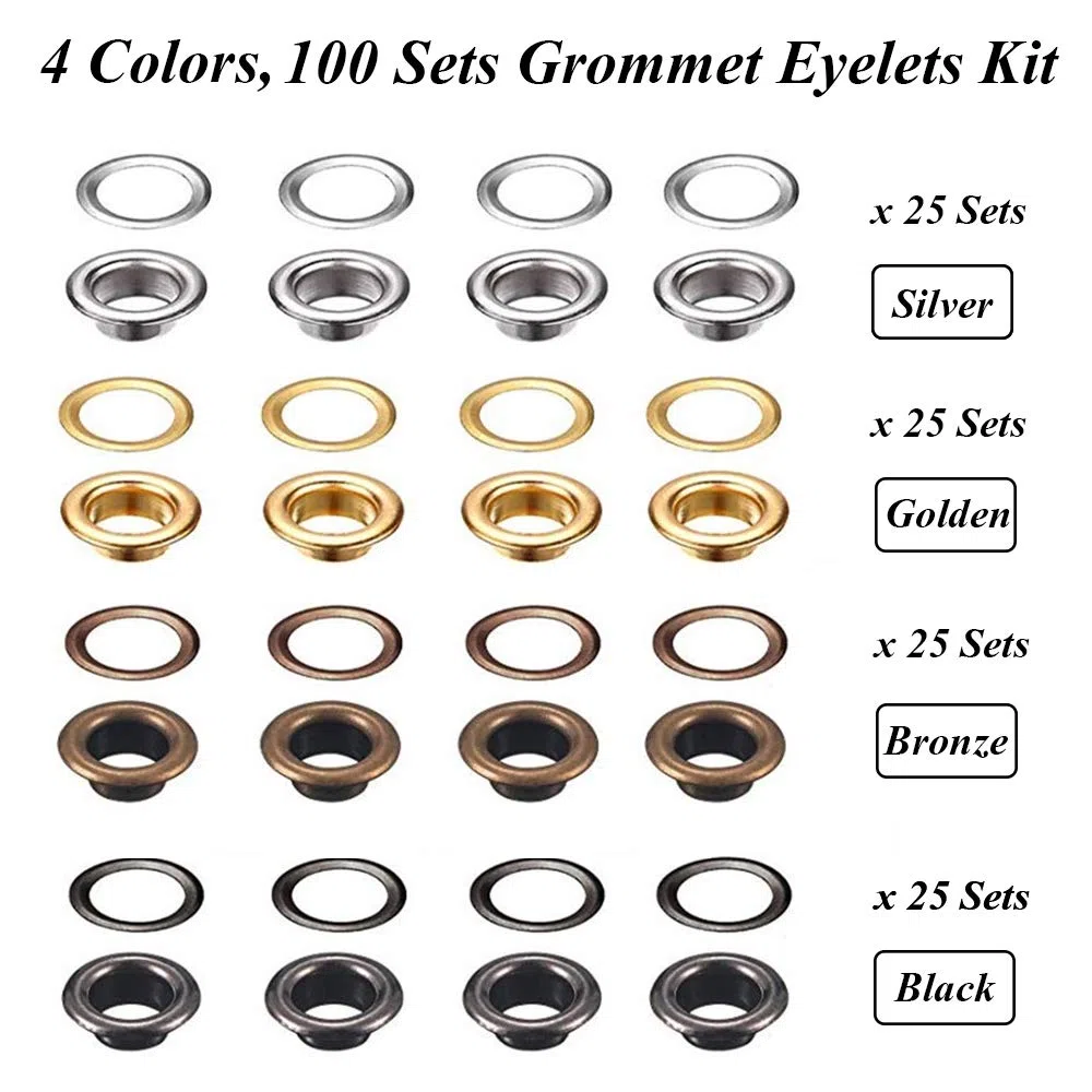 Occhiello Strumento Kit, 100 Set 10 Mm Occhielli Grommet Rondelle, 3 Pezzi Metallo d'Ottone Alta Qualità Strumento Installazione Dell'Occhiello per Tela Cerata, Tessuto, Tende (4 Colori) - Stile B
