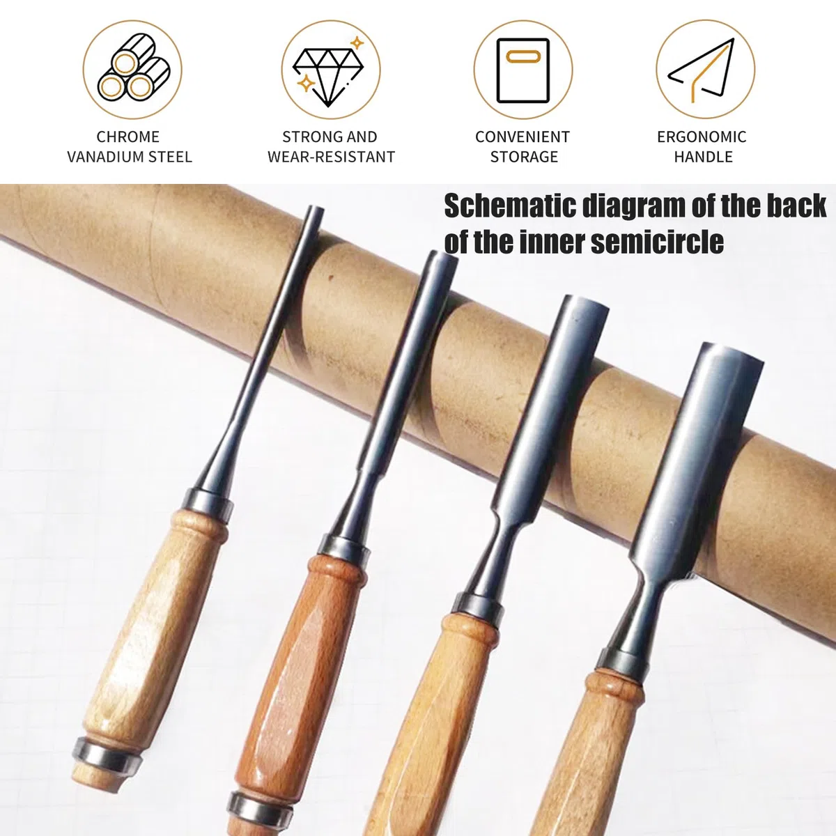 Generic - Set di scalpelli in acciaio al carbonio con bordo semicircolare - Set di scalpelli vuoti curvi rotondi 6mm/12mm/18mm/24mm per lavori fai da te - 4 pezzi