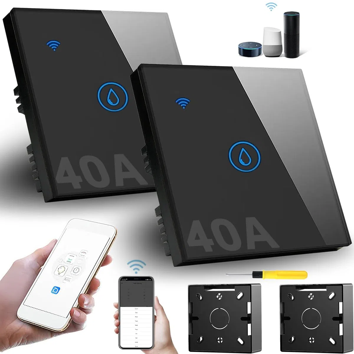 Interruttore timer per riscaldatore a immersione intelligente 40A, 2 Pack nero WIFI Smart Wall Touch Boiler Switch Interruttore timer scaldabagno WiFi compatibile con Alexa(nero)