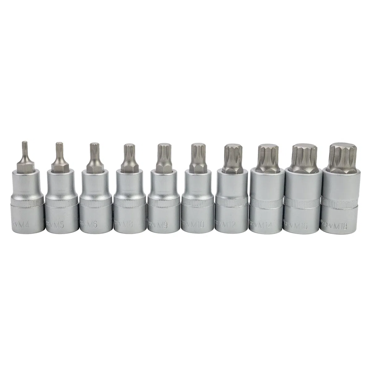 Set di chiavi a bussola XZN multi-dente con bit 1/2", 10 pezzi, M4, M5, M6, M8, M9, M10, M12, M14, M16, M18