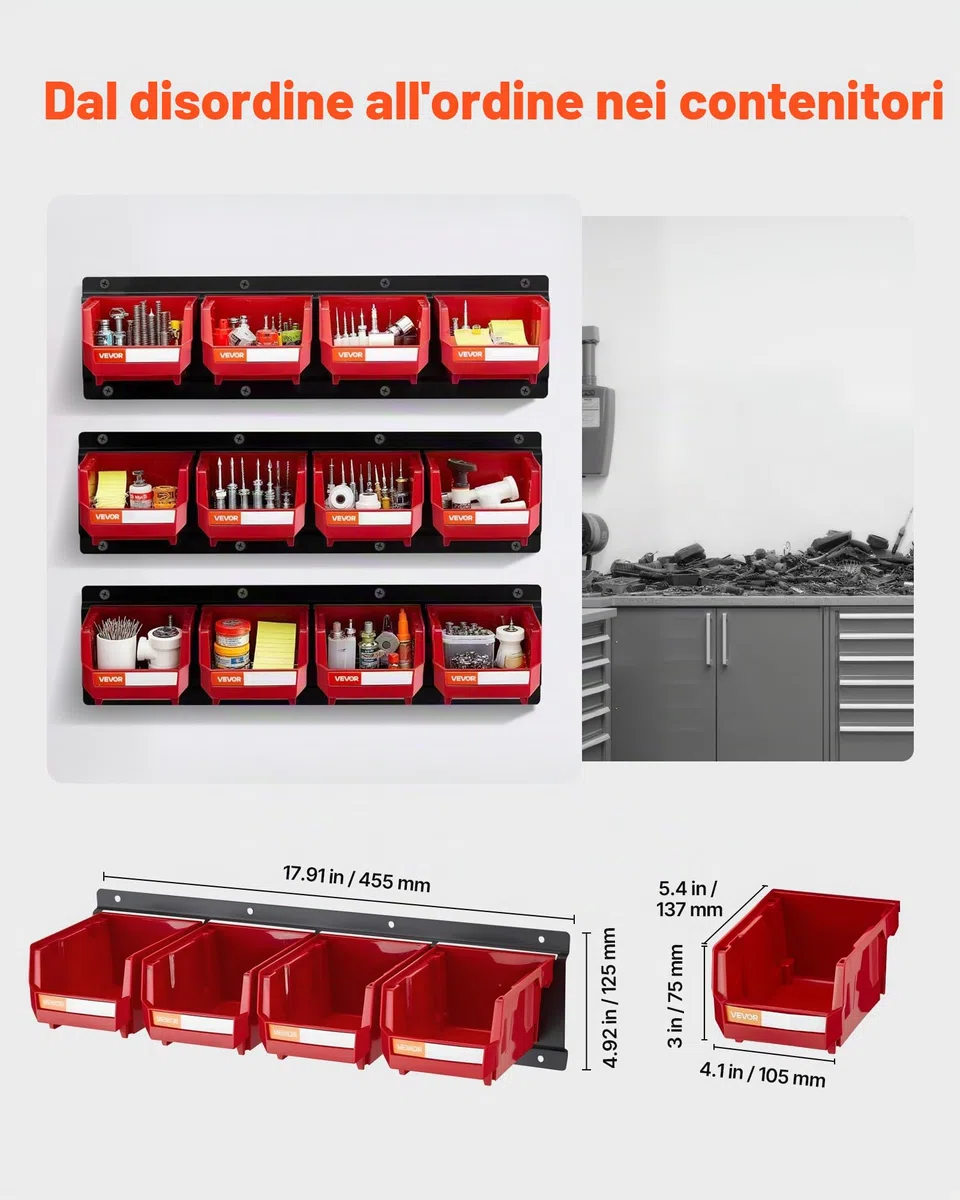 VEVOR Contenitori Portaoggetti da Parete, 12 Contenitori in Plastica e 3 Guide in Metallo, Scatola Portaoggetti Impilabile Sospeso per Ferramenta per Officina, Stanza dei Lavori Manuali, Rosso