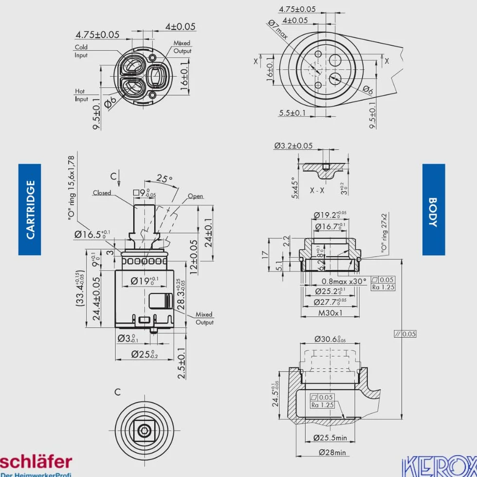 Schläfer 480051 | Cartuccia Miscelatore 25mm, Cartuccia di Ricambio per Miscelatori in Ceramica Bassa con 2 Piedini, per Rubinetti Miscelatori Cucina, Bagno, Doccia e Vasca, Modello Kerox K25 Ops