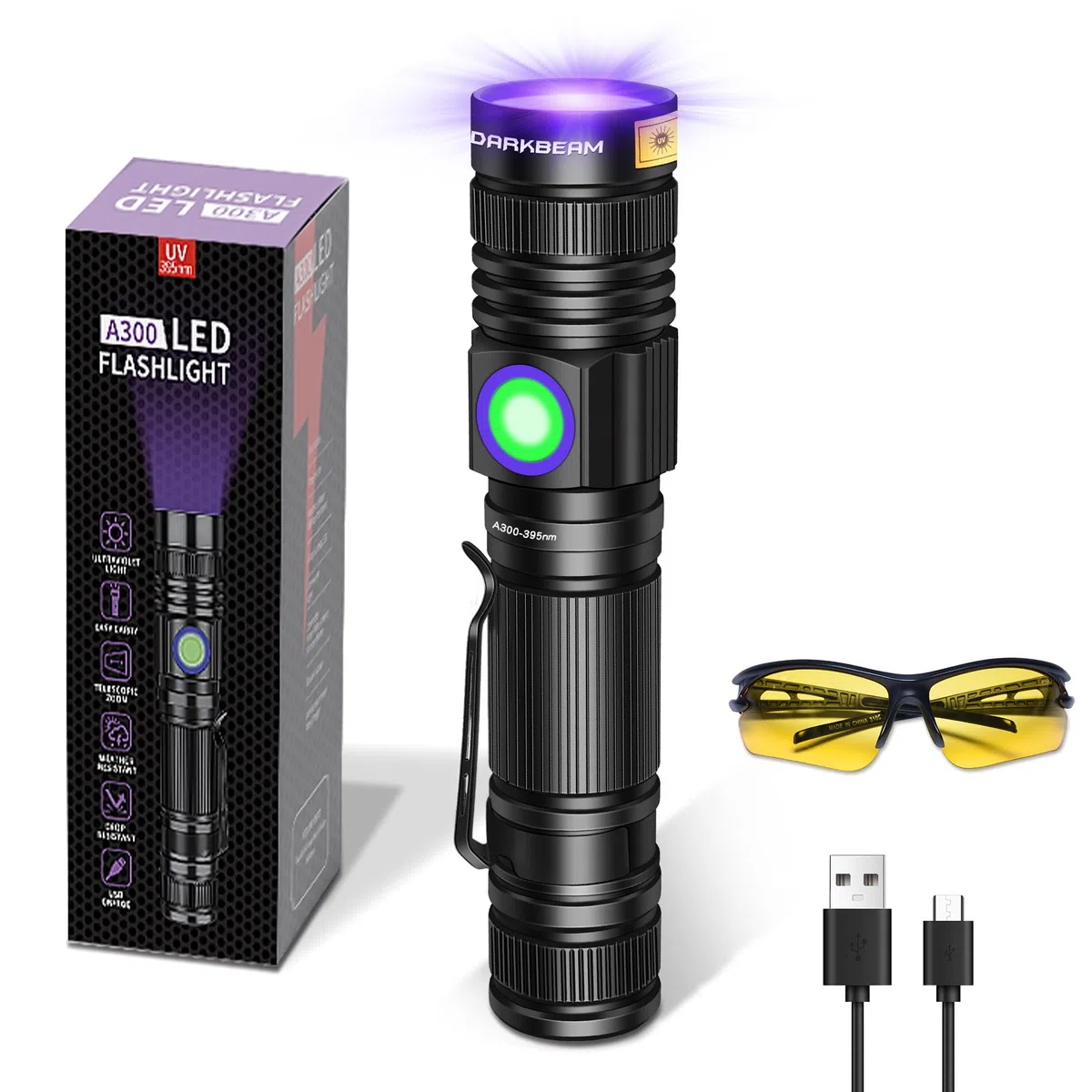 DARKBEAM Torcia UV 395nm Ricaricabile, Lampada di Wood Luce uv LED Ultravioletta Mini Portatile USB - per resina epossidica, urina, quadri, ambra, rilevamento perdite AC - con Occhiali UV