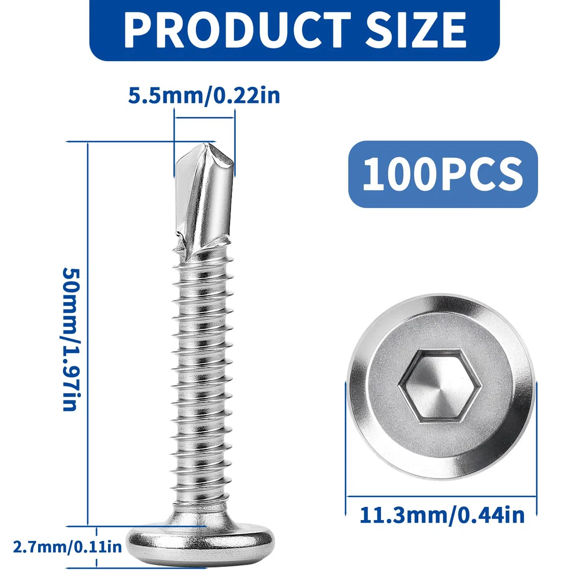 100 viti autofilettanti in acciaio inox 410, 5,5 x 50 mm, viti per lamiera a testa piatta, viti a esagono incassato, viti perforanti in acciaio inox, con