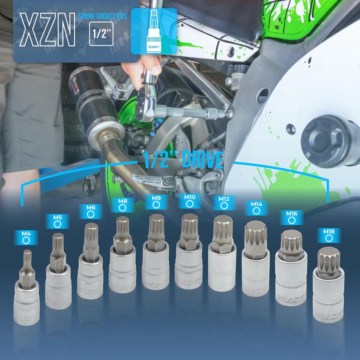 Set di chiavi a bussola XZN multi-dente con bit 1/2", 10 pezzi, M4, M5, M6, M8, M9, M10, M12, M14, M16, M18