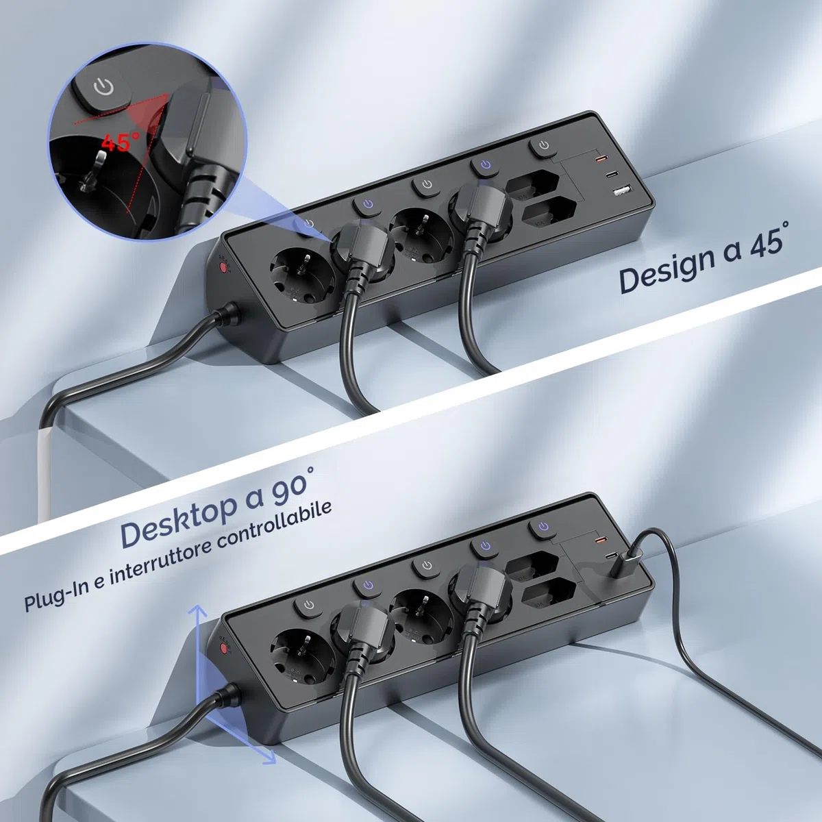 Ciabatta Multipresa con USB, 6 Prese di Corrente e 3 USB, PD 30W Ciabatta Elettrica with Surge Protection, Multipresa Elettrica di da 2 M con Interruttore per Scrivania, Ufficio, Casa