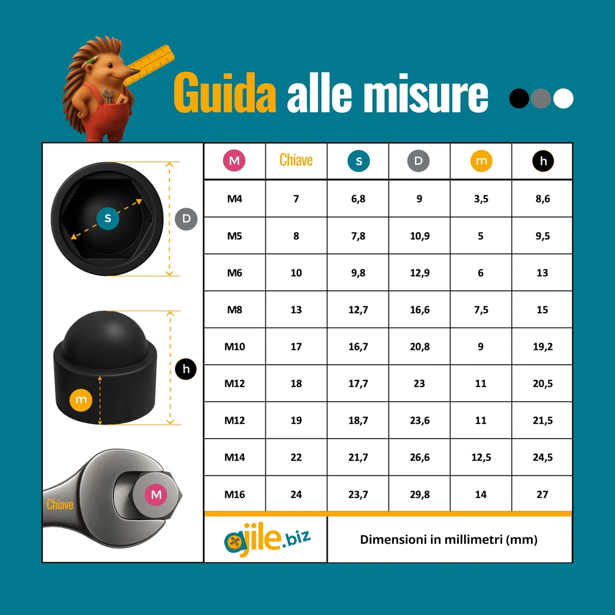 Ajile - 100 pezzi - Cappucci copri-dado M6, chiave di 10 mm, plastica Nera - FAH110-L