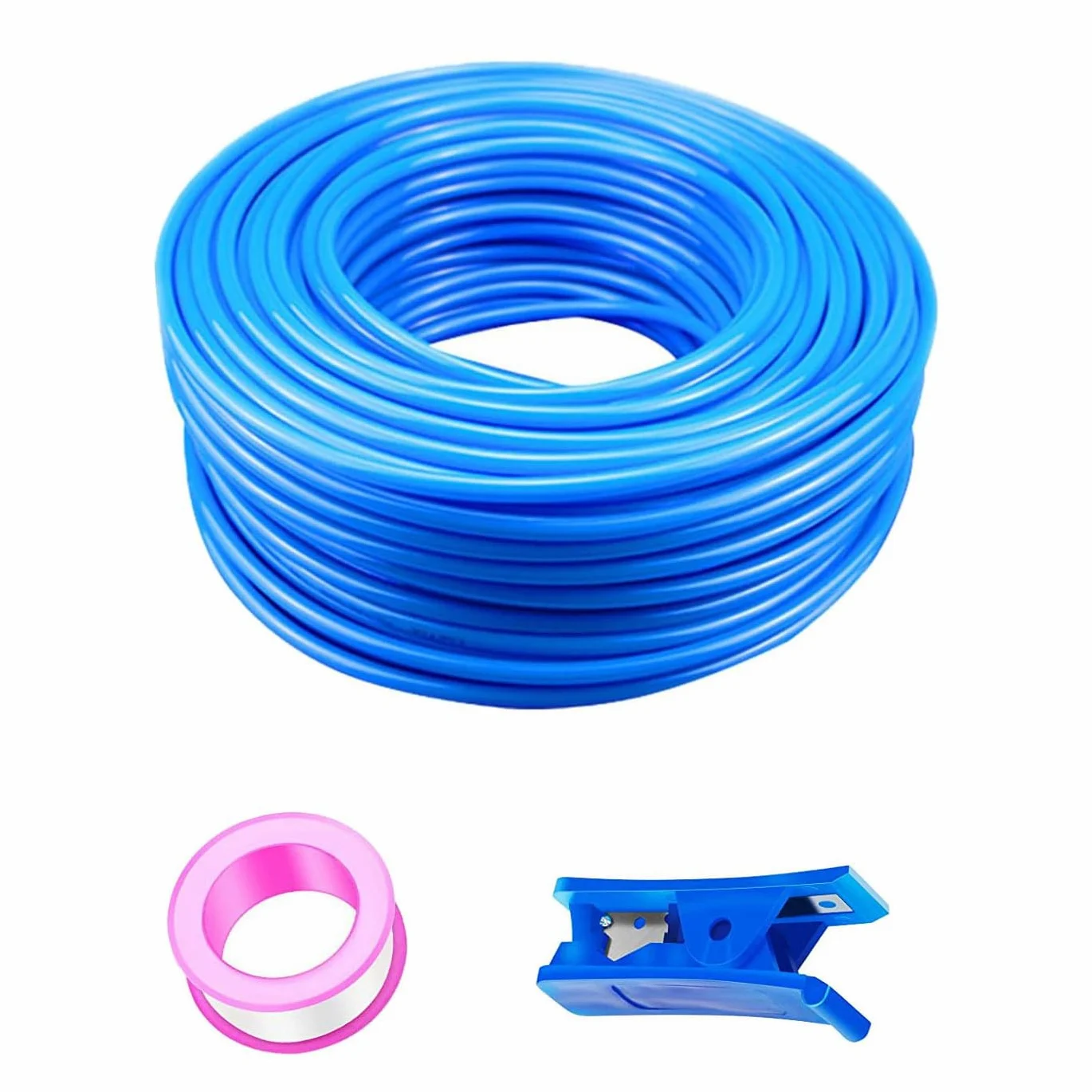 Tubo pneumatico in PU blu HUAZIZ 50 M, tubo pneumatico in poliuretano, tubo flessibile per aria compressa, esterno 6 mm x interno 4 mm + 1 pezzo di tagliatubi blu + 1 pezzo di nastro in teflon rosa