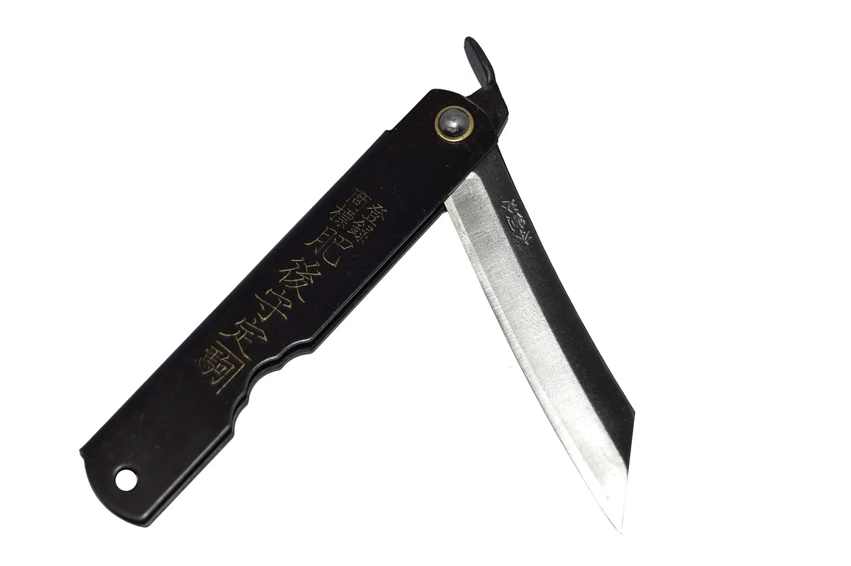 HIGO NO KAMI Coltello Tascabile Pieghevole Giapponese Warikomi SK Steel lama 7cm Manico Nero Fatto a Mano in Giappone da Nagao Kanekoma