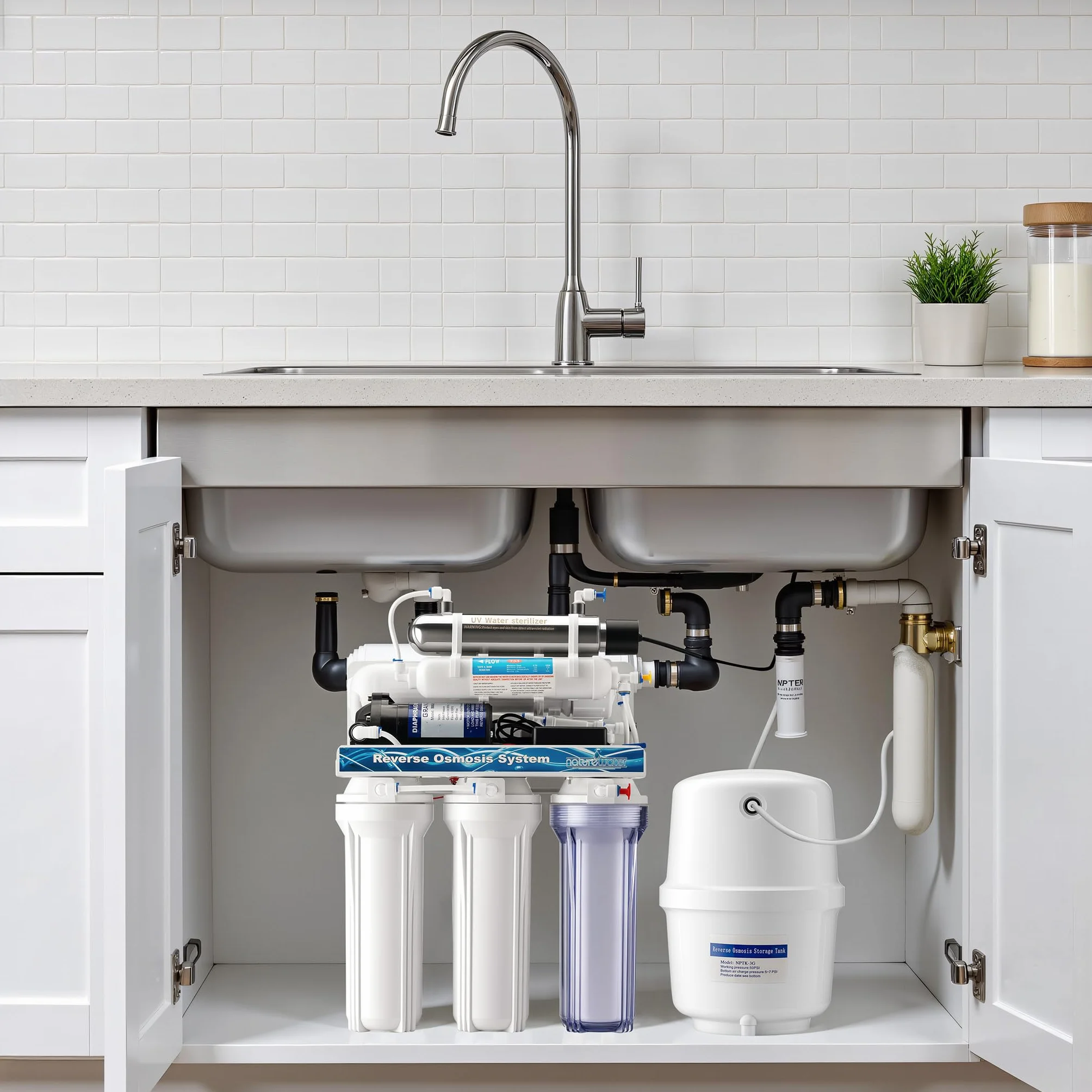 Naturewater Impianto osmosi inversa a 6 stadi 180 l/giorno con chiarificatore UV e pompa di spinta