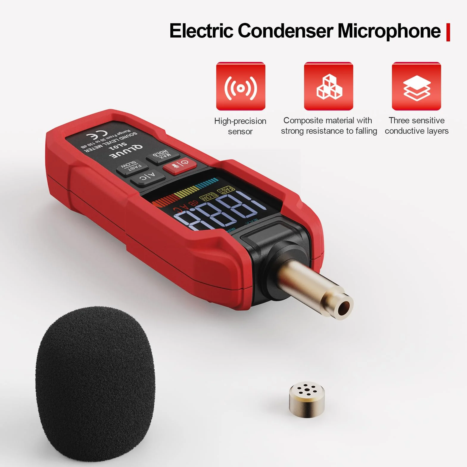 Misuratore di livello sonoro, coltello decibel digitale portatile, da 30 dB a 130 dB, display LCD ponderato A/C, può essere utilizzato a casa, in fabbrica e su strada