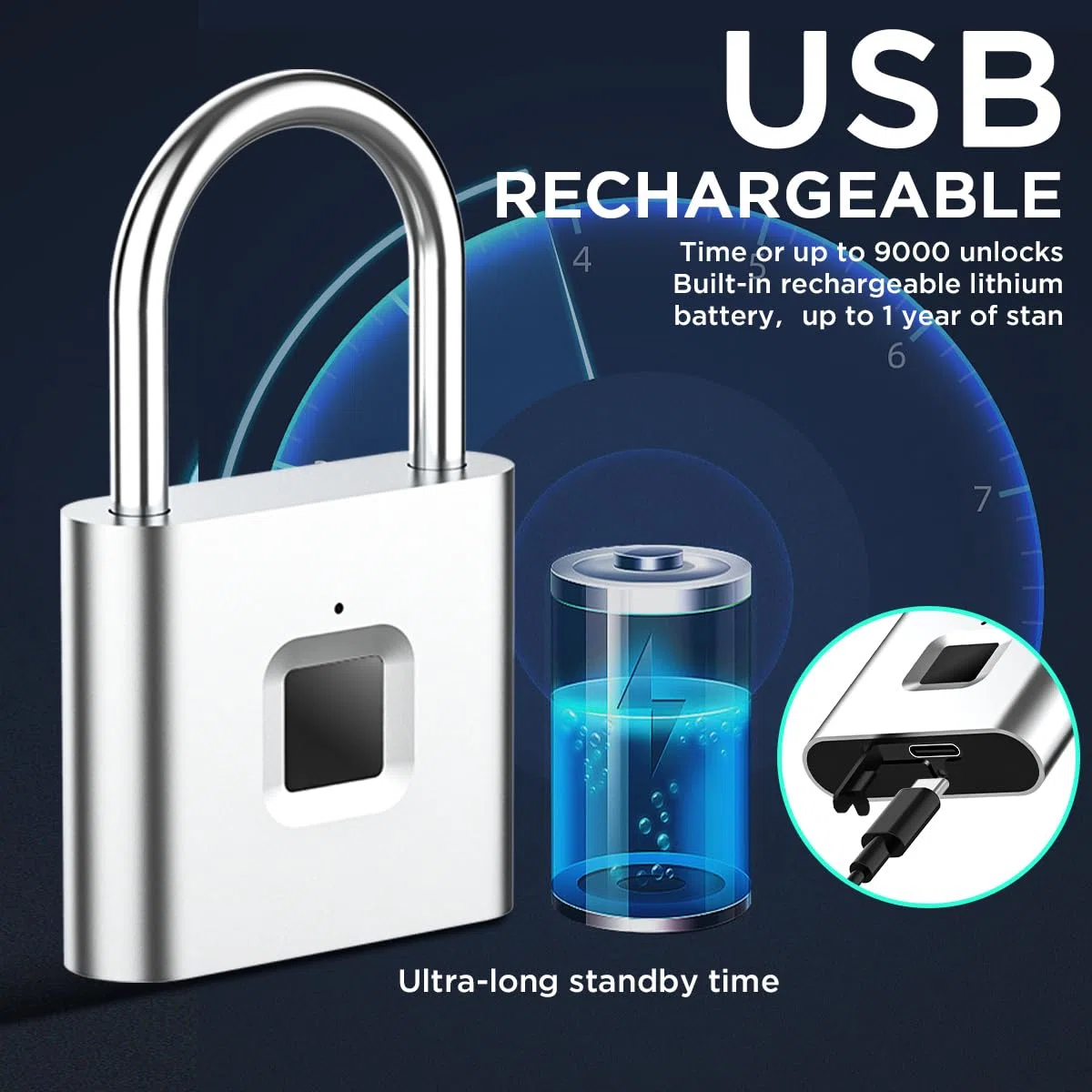AICase Lucchetto digitale con impronte digitali, ricaricabile USB senza chiave, IP67, impermeabile, per interni ed esterni, colore: argento
