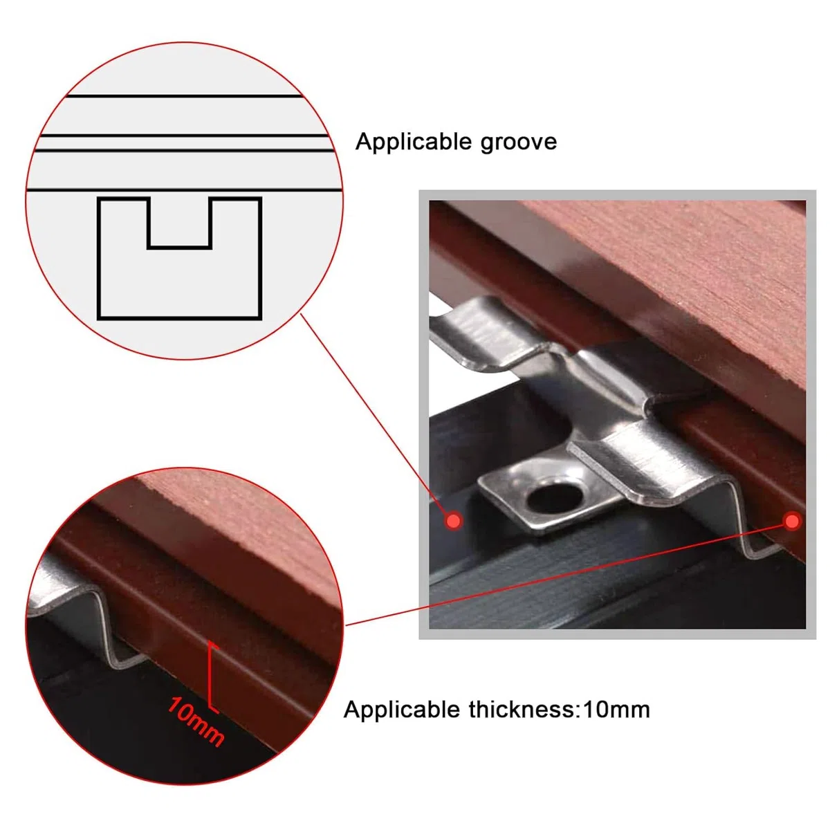 100 Pz In Acciaio Inox Composite Decking Clips Decking Nascosto Spacer Fastener Board Clip w / 100x Auto-Tapping Viti Set 10mm