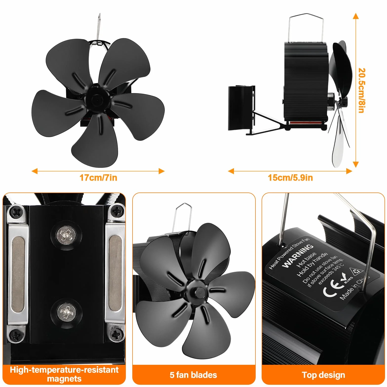 Ventola Stufa Legna Magnetico, 5 Pales Ventilatori per Stufe a Legna,Ventilatore Stufa da Tubo, Senza corrente Silenziosa ed Efficiente per Ceppi/Vamino/Pellet