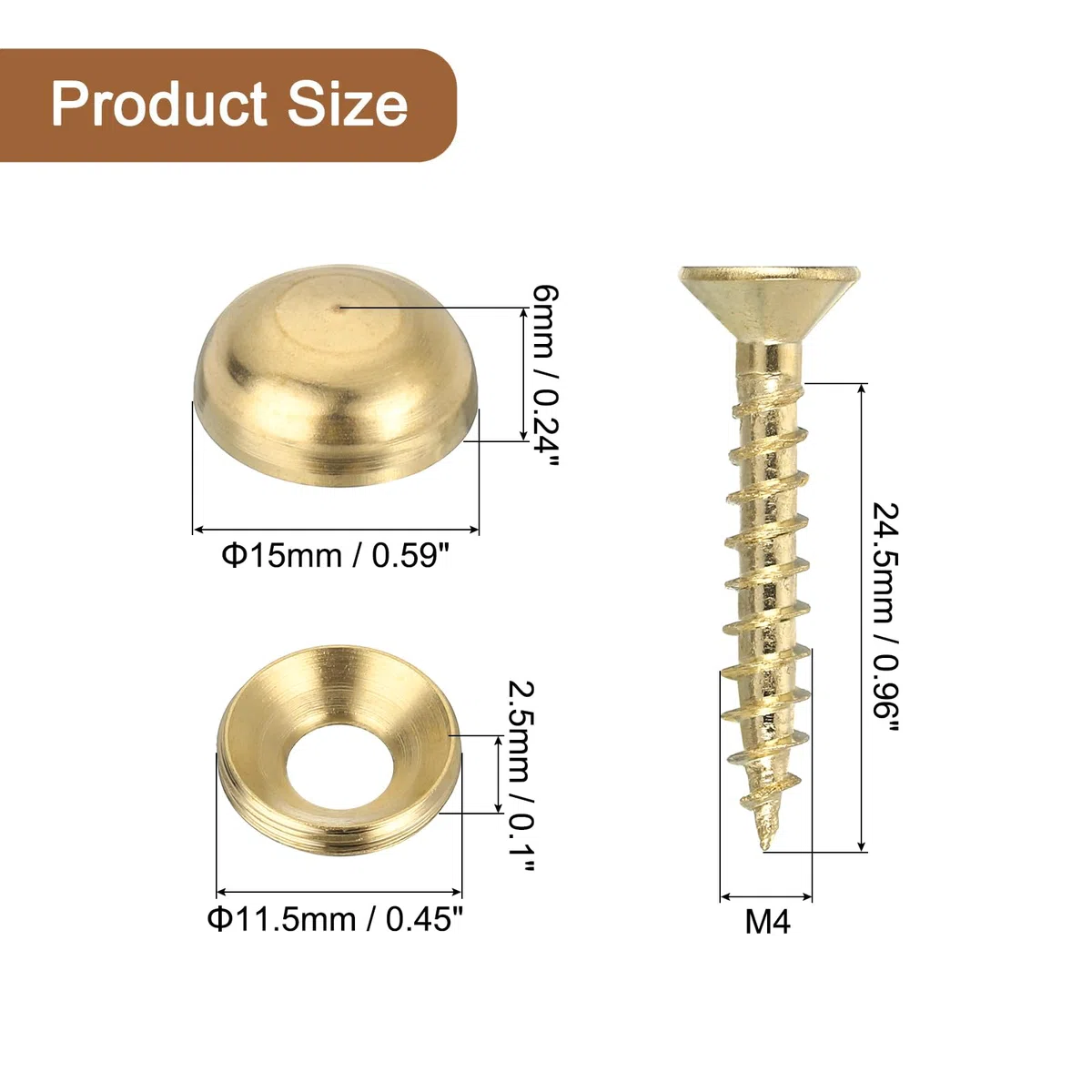 QUARKZMAN 30pz Viti Decorative Ottone Tono Oro, 15mm x 24.5mm (Head: 6mm), M4, Piatta, Completamente Filettato, 1.25mm Pitch, 30 Pezzi