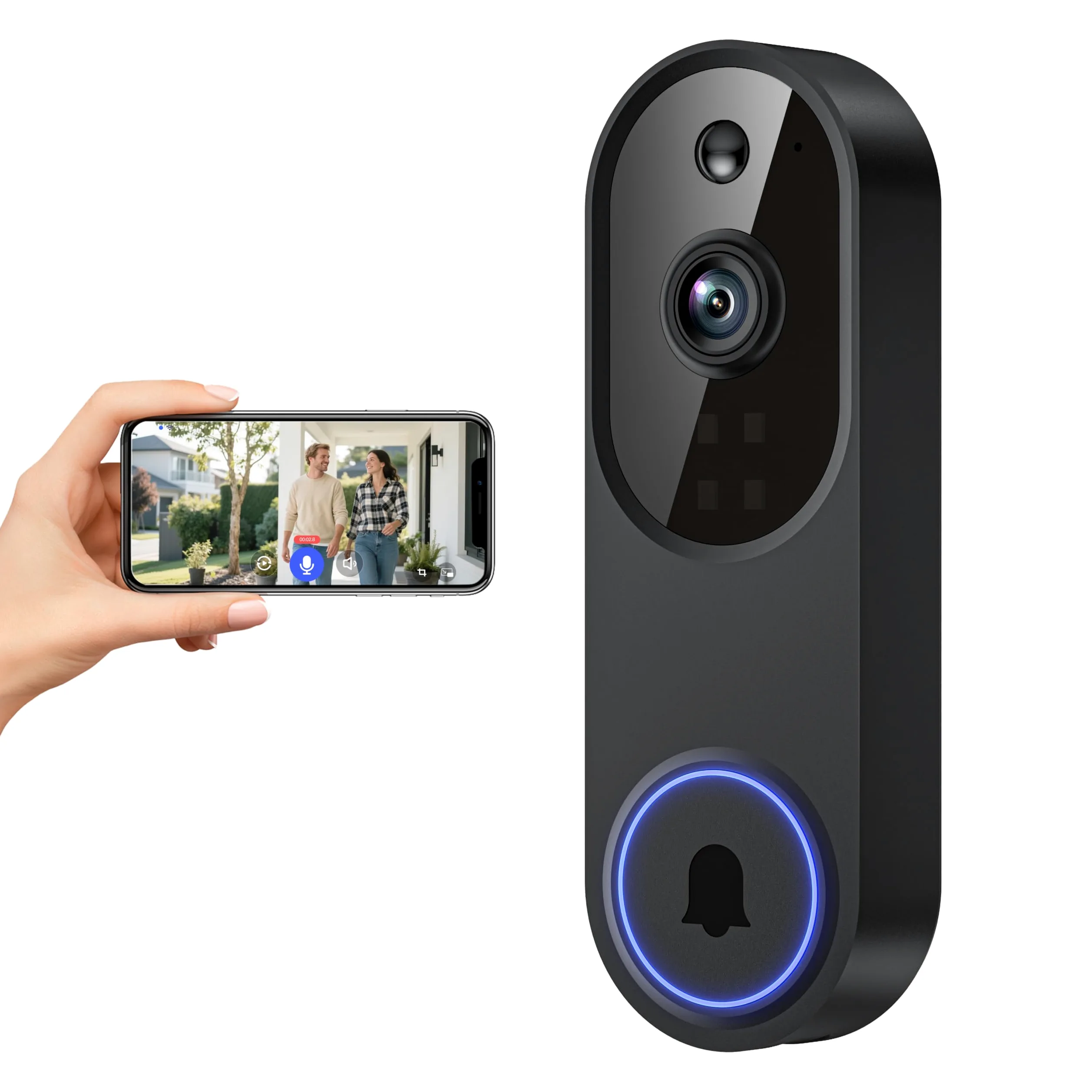 Videocitofono WiFi 1080P senza fili, rilevamento umano tramite intelligenza artificiale, conversazione a 2 vie, Wi-Fi 2,4 G, alimentato a batteria, archiviazione cloud, videosorveglianza