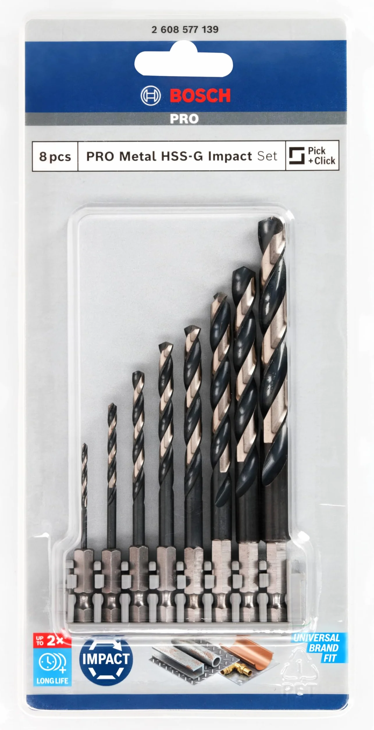 Bosch 8x Set di punte per metallo PRO Metal HSS-G Impact (per Metalli non ferrosi, Acciaio, Ø 2,0, 3,0, 4,0, 5,0, 6,0, 7,0, 8,0, 10,0 mm, Professional Accessorio Trapano, Trapano/avvitatori rotanti)