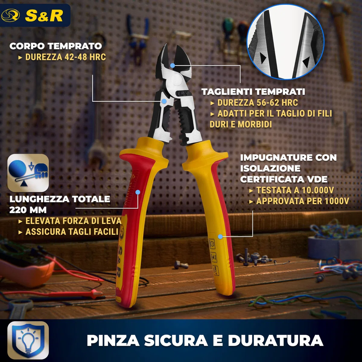 S&R Pinza Elettricista Diagonale Isolata 220 mm VDE 1000V – Pinza Taglio Laterale Combinata 3 in 1 con Spelatura e Crimpatura – Tronchesi per Cavi Professionale in Acciaio 60CrV