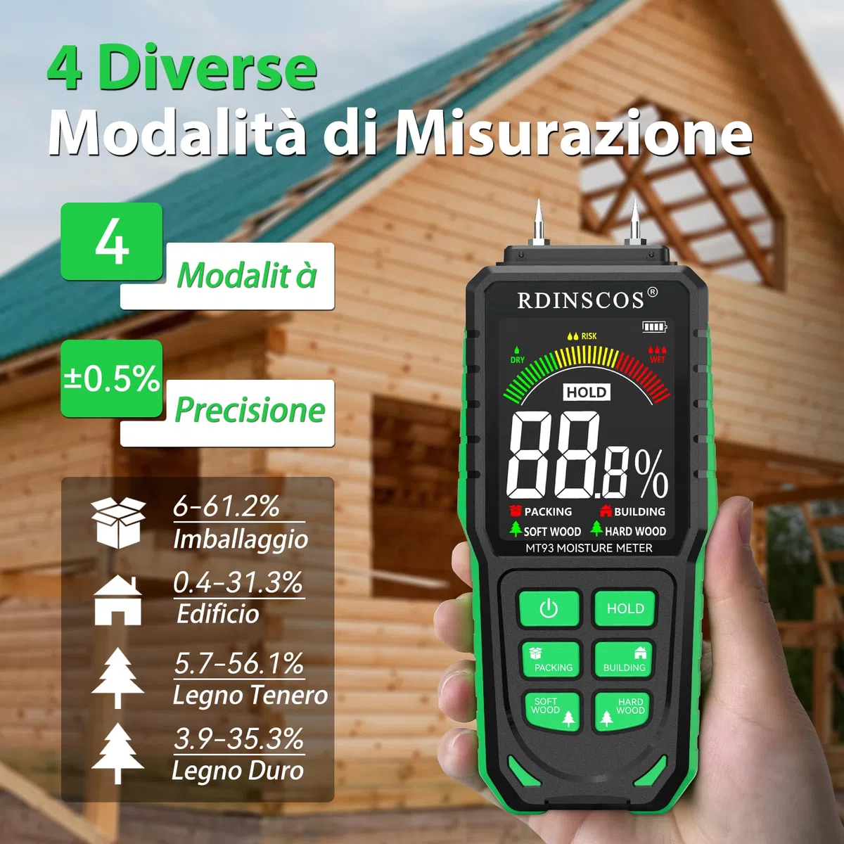 Misuratore di Umidità per Legno,RDINSCOS Rilevatori di Umidità con LCD a Colori e Allarme Acustico Igrometro Professionale Tester di Umidità per Legno,Legna da Ardere