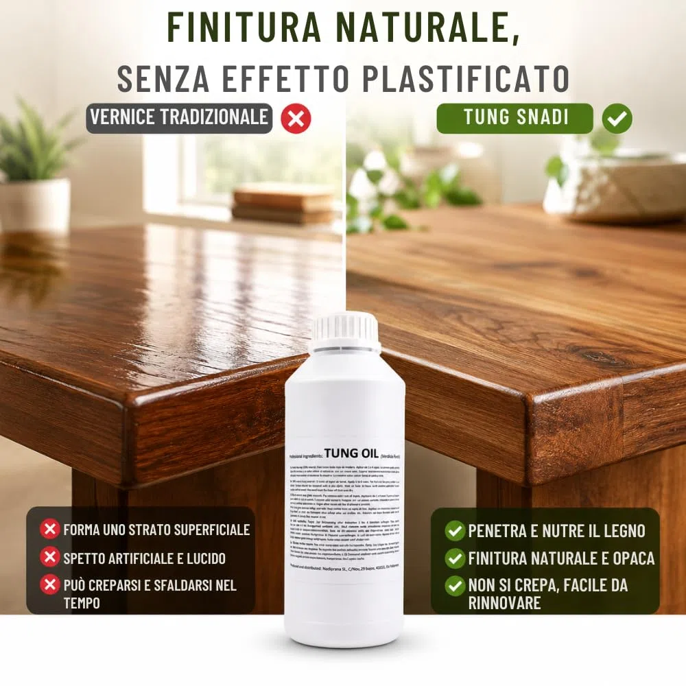1 litro Olio di tung puro al 100% | Cura del legno naturale per interni ed esterni | Non altera il colore lasciando uno strato impermeabile molto resistente. - Snadi