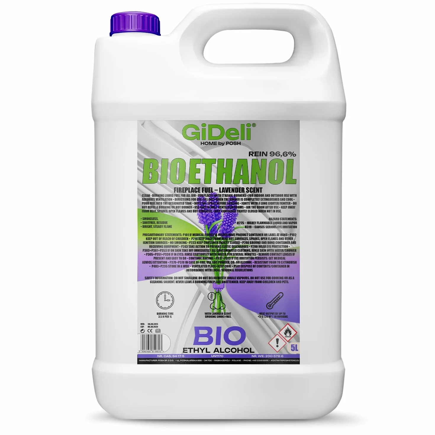 GiDeli bioetanolo 5l profumo di lavanda 96,6% etanolo per caminetti interni ed esterni senza fumo e fuliggine - Da mais e barbabietole da zucchero