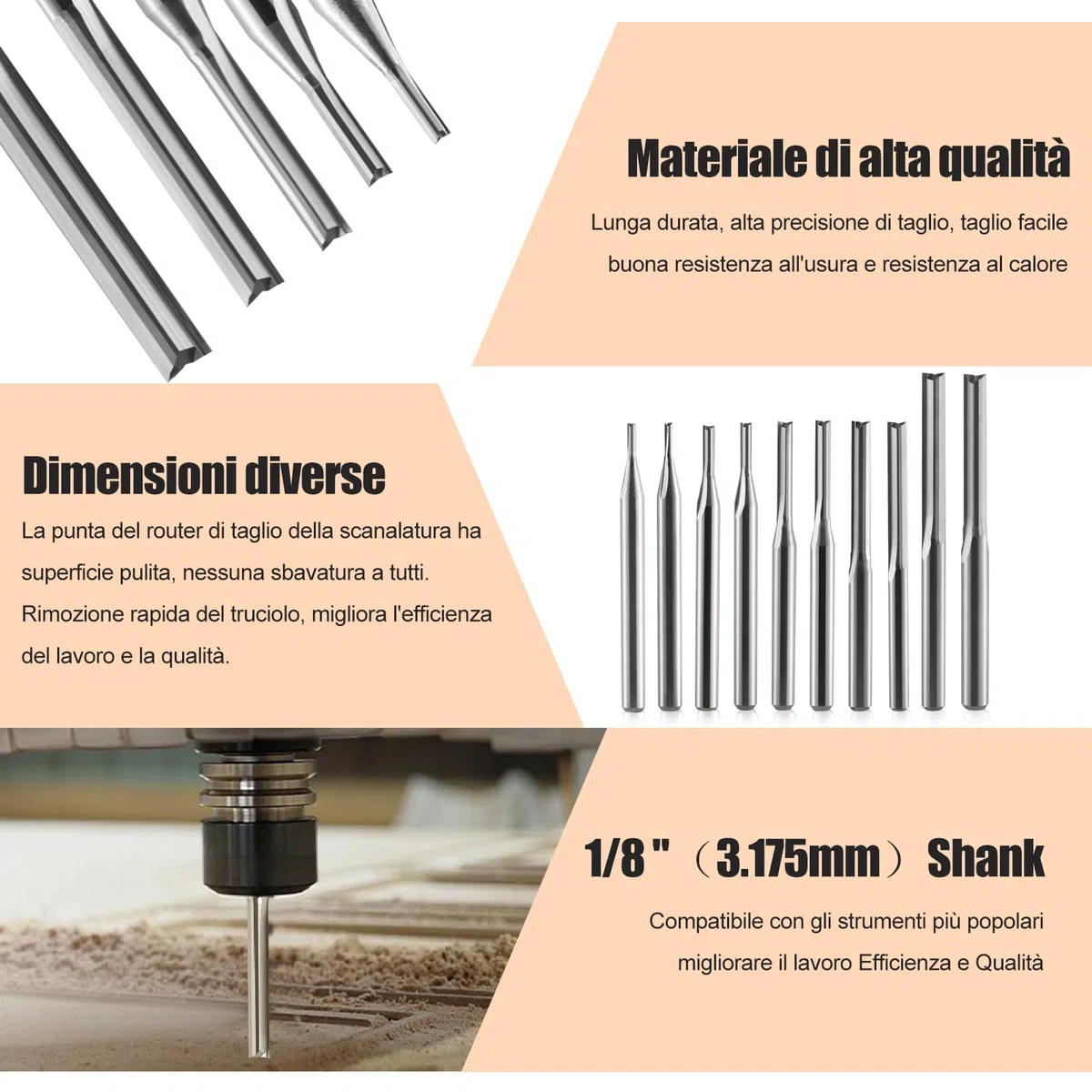 1/8 Pollice Shank 2 Flauti Dritto Slot Router Bits Set Diametro Bordo di Taglio (1mm 1.5mm 2.0mm 2.5mm 3.175mm Ciascuno 2 pz) Fresa per MDF PVC Acrilico Chipboard Legno