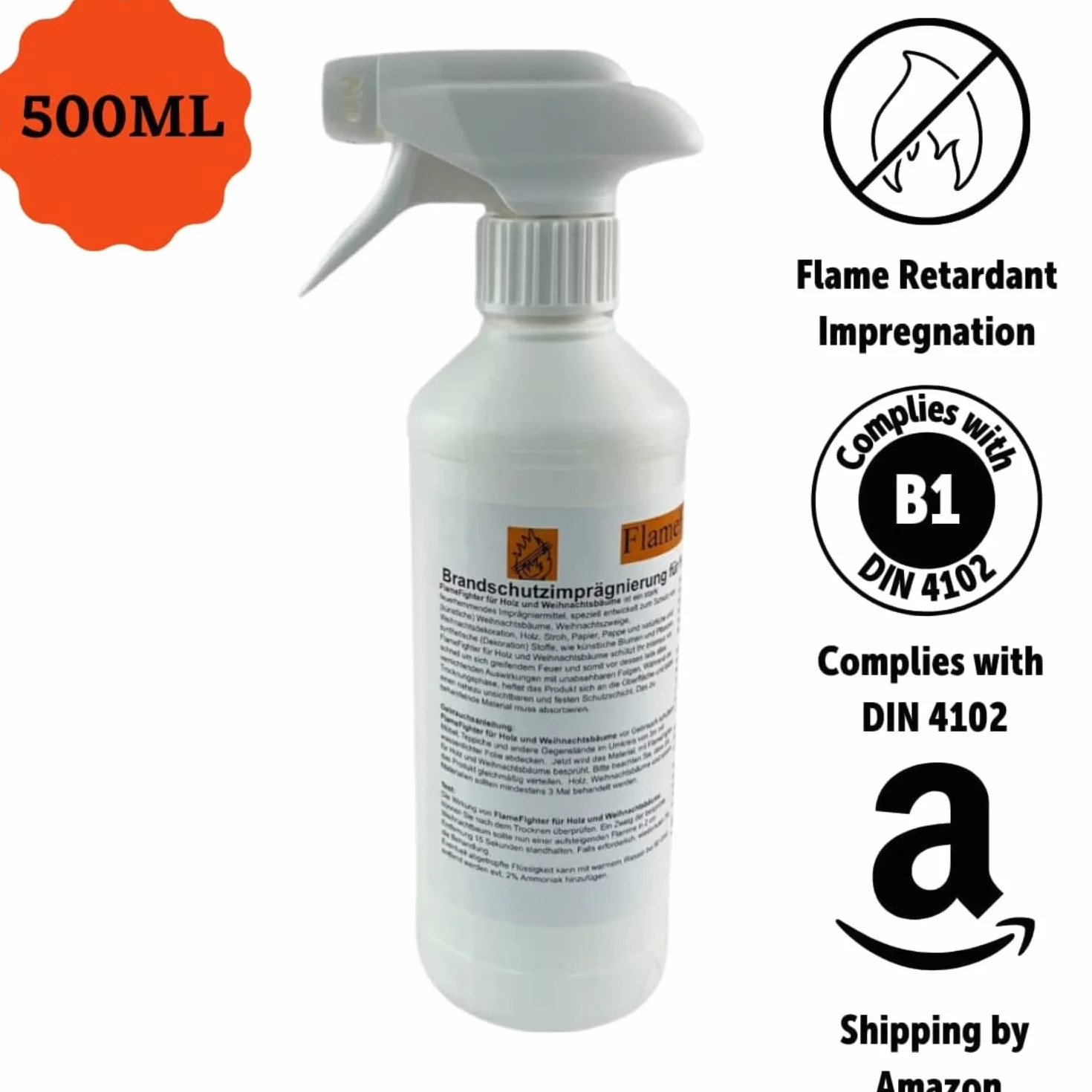 FlameFighter | Impregnante Antincendio 500ml | Impregnante Ritardante di Fiamma per Legno, Carta e Alberi di Natale | Prodotto Certificato Antincendio | Classe di Protezione Antincendio DIN 4102 B1