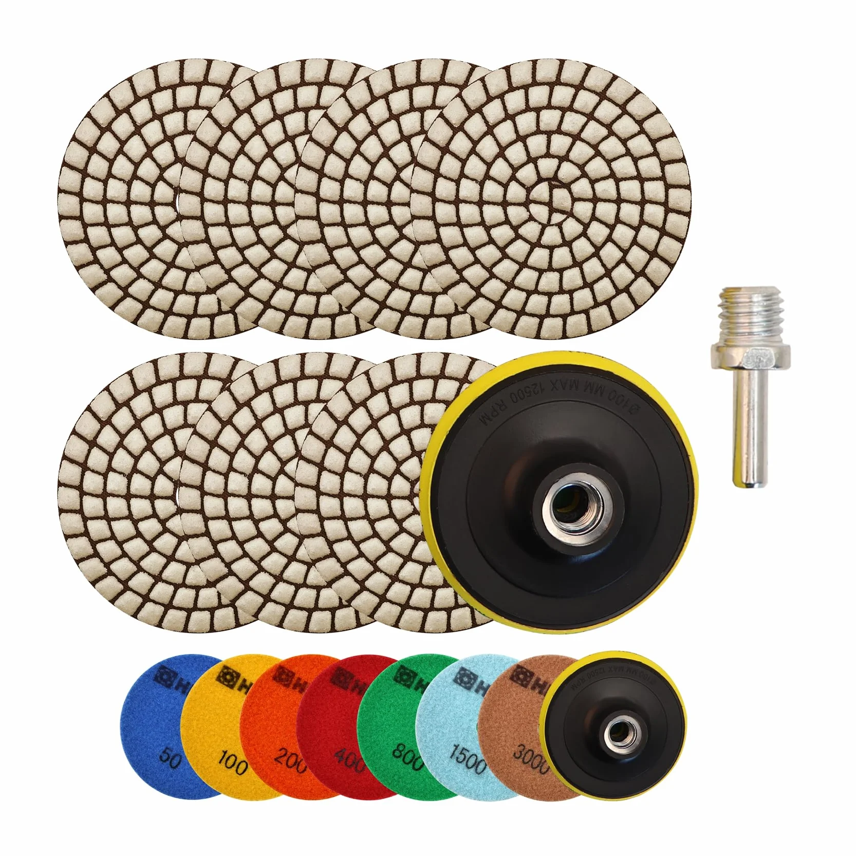 HIGHDRIL Dischi Diamantati per Lucidatura (set da 7 pezzi) - Set per lucidatura marmore con grana #50/100/200/400/800/1500/3000 + Supporto filettato M14 + Adattatore per granito, marmo, agglomerato