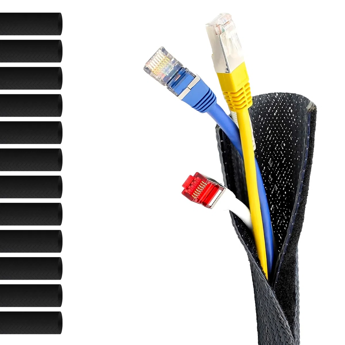 Guaina Intrecciata con Chiusura a Strappo Ø 13 mm, L 8mt • Ordine e Protezione dei Cavi • Perfetta per Scrivania e TV • Nero