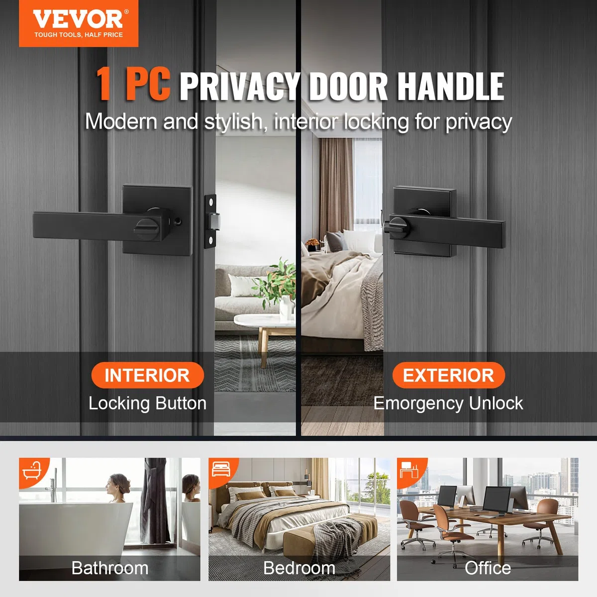 VEVOR Maniglia per Porta Privacy da 1 Pezzo, Leva per Porta Nera Opaca Reversibile a Destra o Sinistra con Serratura Senza Chiave, Rotazione di 45 Gradi per l'Apertura, Interno Quadrato Universale