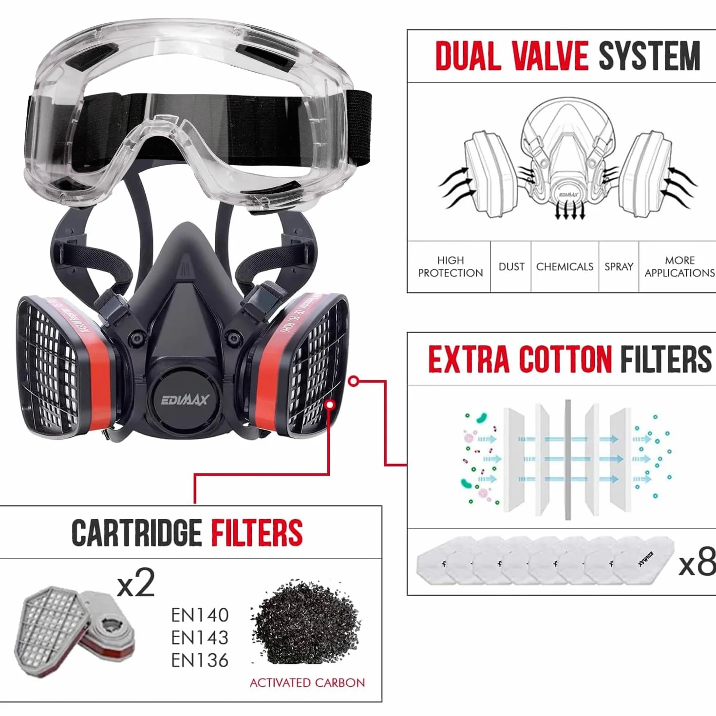 EDIMAX, Maschera Antigas, Maschera per Verniciatura, con Occhiali + 8 Filtri di Ricambio, Maschera Respiratoria, Riutilizzabile, Antipolvere, Fumigazione, Protezione e Sicurezza
