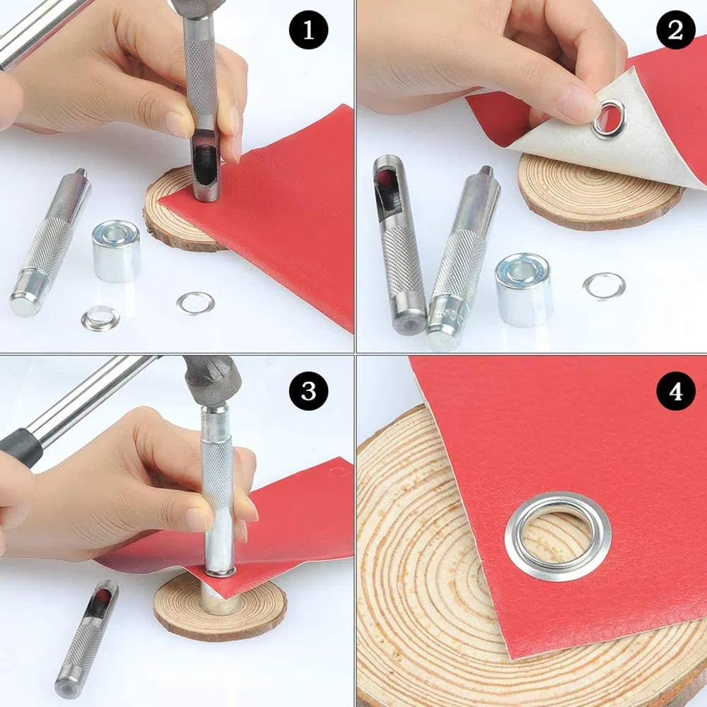 Occhiello Strumento Kit, 100 Set 10 Mm Occhielli Grommet Rondelle, 3 Pezzi Metallo d'Ottone Alta Qualità Strumento Installazione Dell'Occhiello per Tela Cerata, Tessuto, Tende (4 Colori) - Stile B